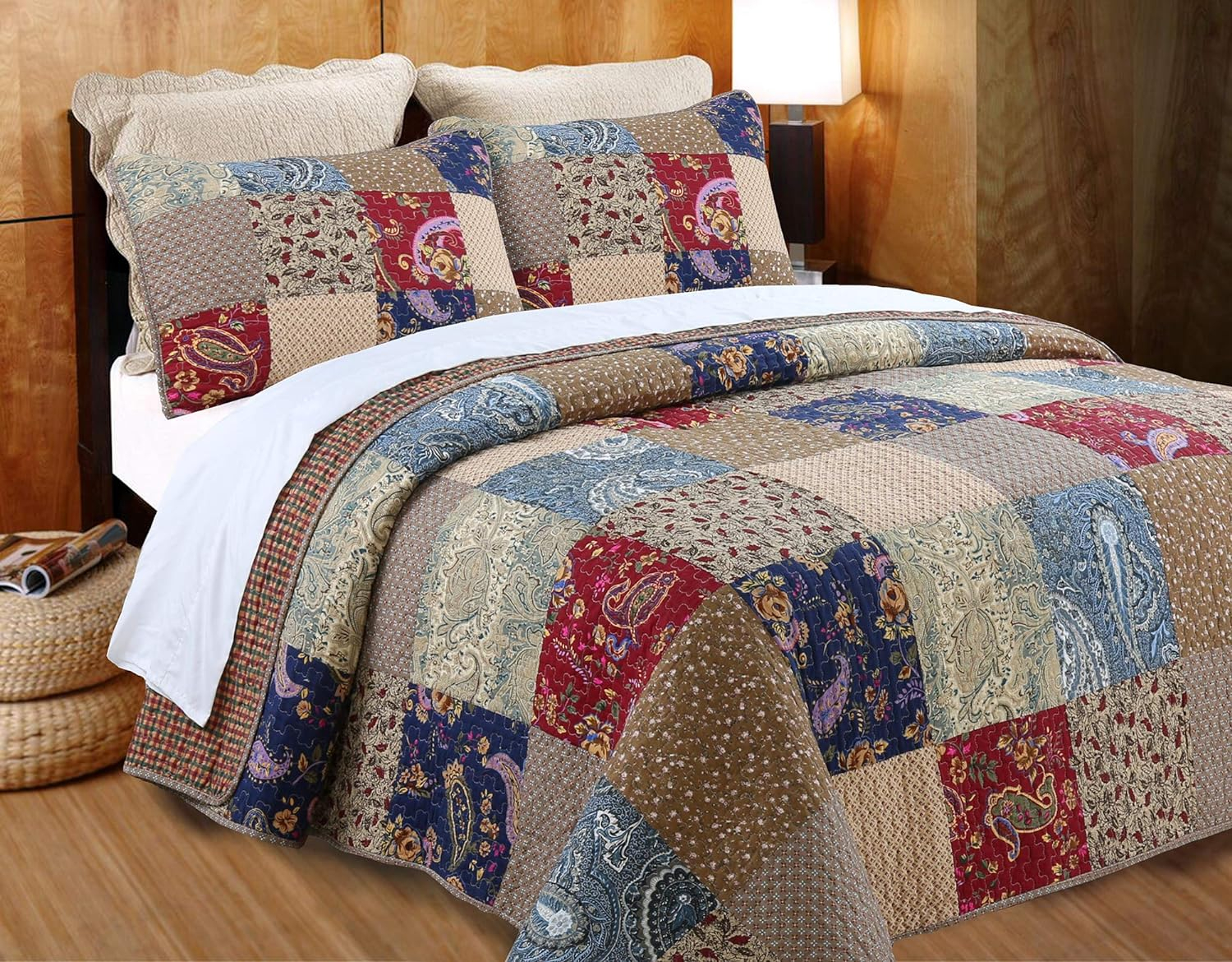 King Size Red and Navy Cotton Reversible Patchwork Quilt Set