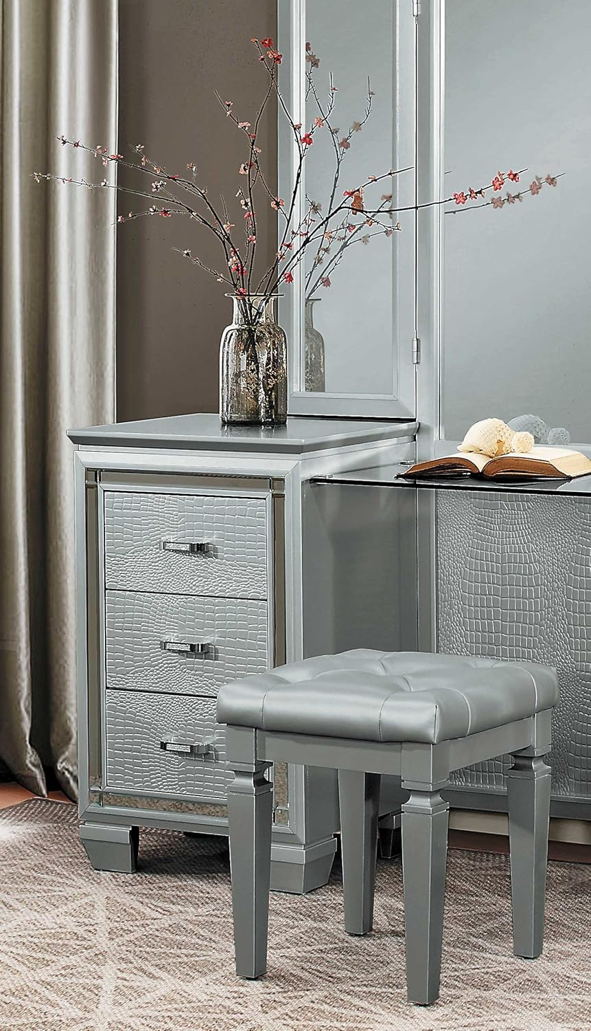 Wooden Vanity Stool With Faux Leather Tufted Seat, Gray- Saltoro Sherpi