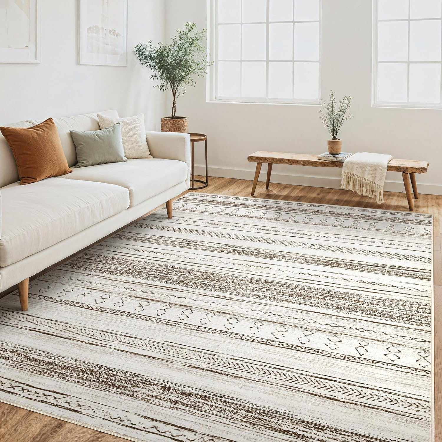 Tortania Area Rug Living Room Rugs - 5x7 Washable Large Soft Neutral Boho Moroccan Bohemian Farmhouse Rug Indoor Floor Carpet for Bedroom Under Dining Table Home Office Decor - Cream Brown