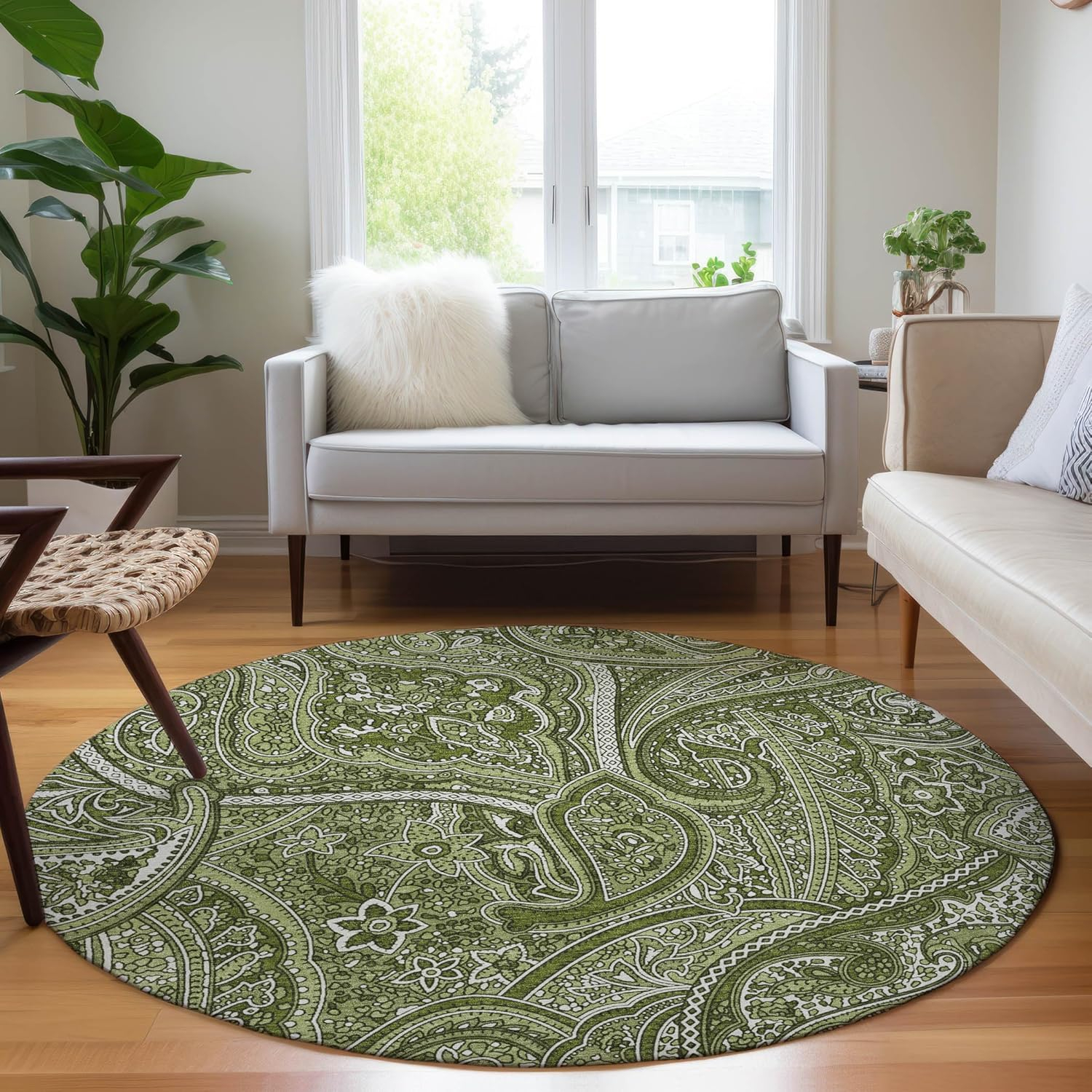 Green Paisley Pattern Round Machine Washable Area Rug
