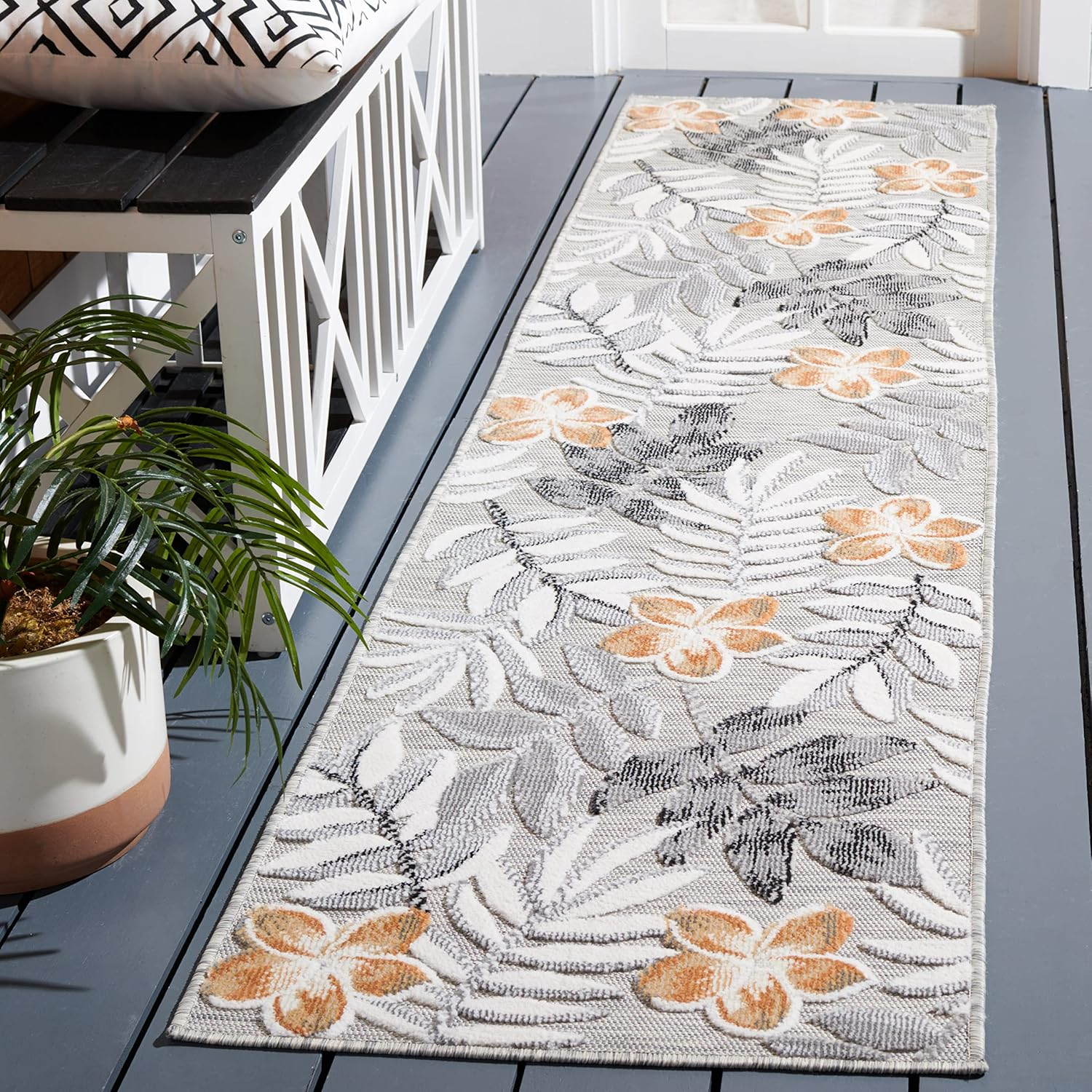 SAFAVIEH Cabana Blazhe Botanical Indoor/Outdoor Runner Rug, Grey/Ivory, 2' x 9'