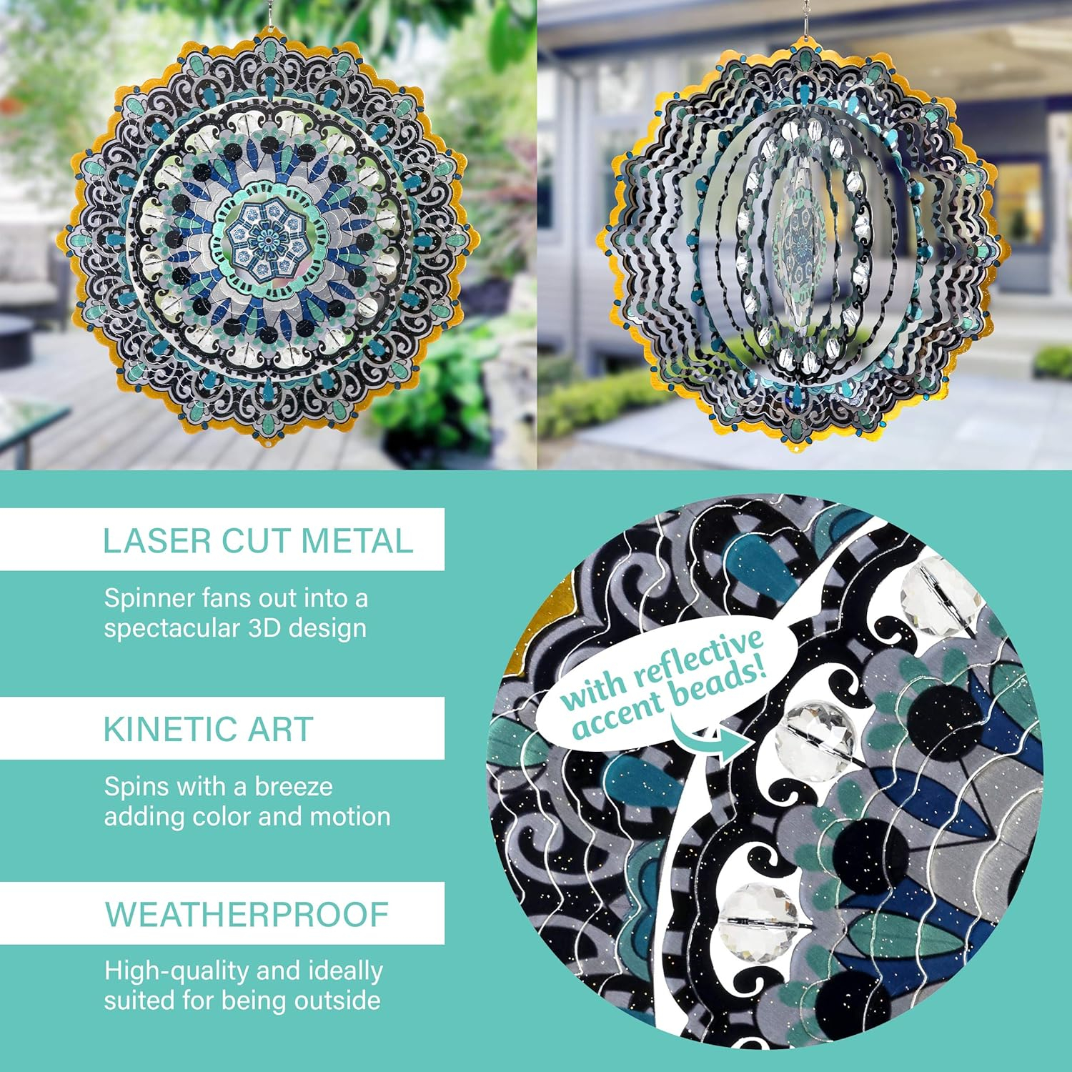 Exhart Wind Spinner, Blue and Black Mandala Hanging Wind Sculpture, 3D Laser Cut Patterns with Bead Details, Metal Outdoor Garden Decoration, Multicolor Lawn and Yard Art, 12 Inch