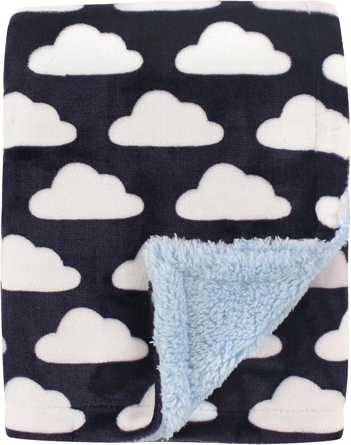 Hudson Baby Infant Boy Plush Blanket with Faux Shearling Back, Navy Clouds, One Size