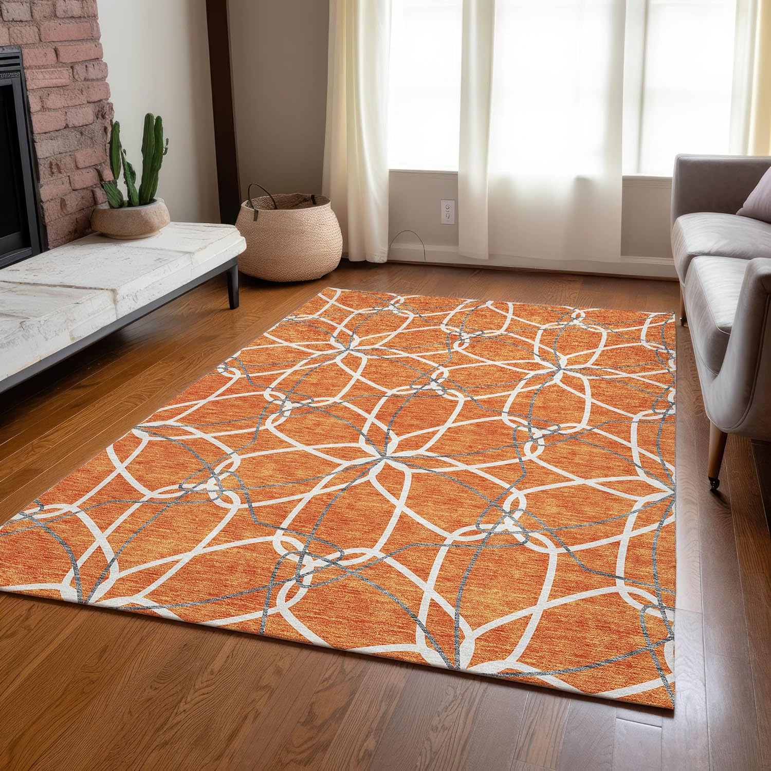 Orange Geometric Synthetic Indoor/Outdoor Washable Rug 2'6" x 3'10"