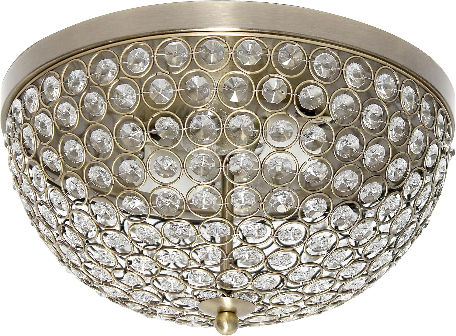Elegant Designs Elipse Crystal 13" Modern Metal 2 Light Bowl Shaped Ceiling Flush Mount Fixture, Antique Brass
