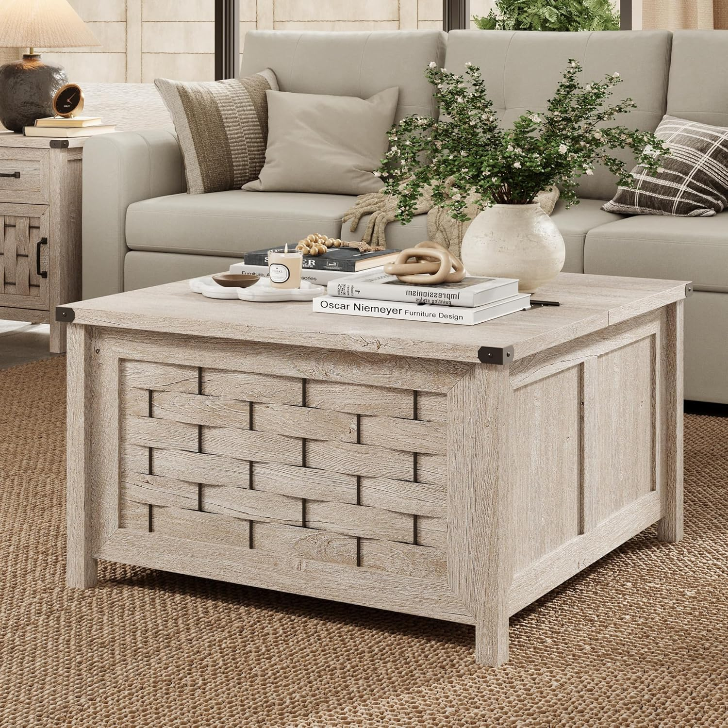Rustic Square Wood and Metal Lift-Top Coffee Table with Storage