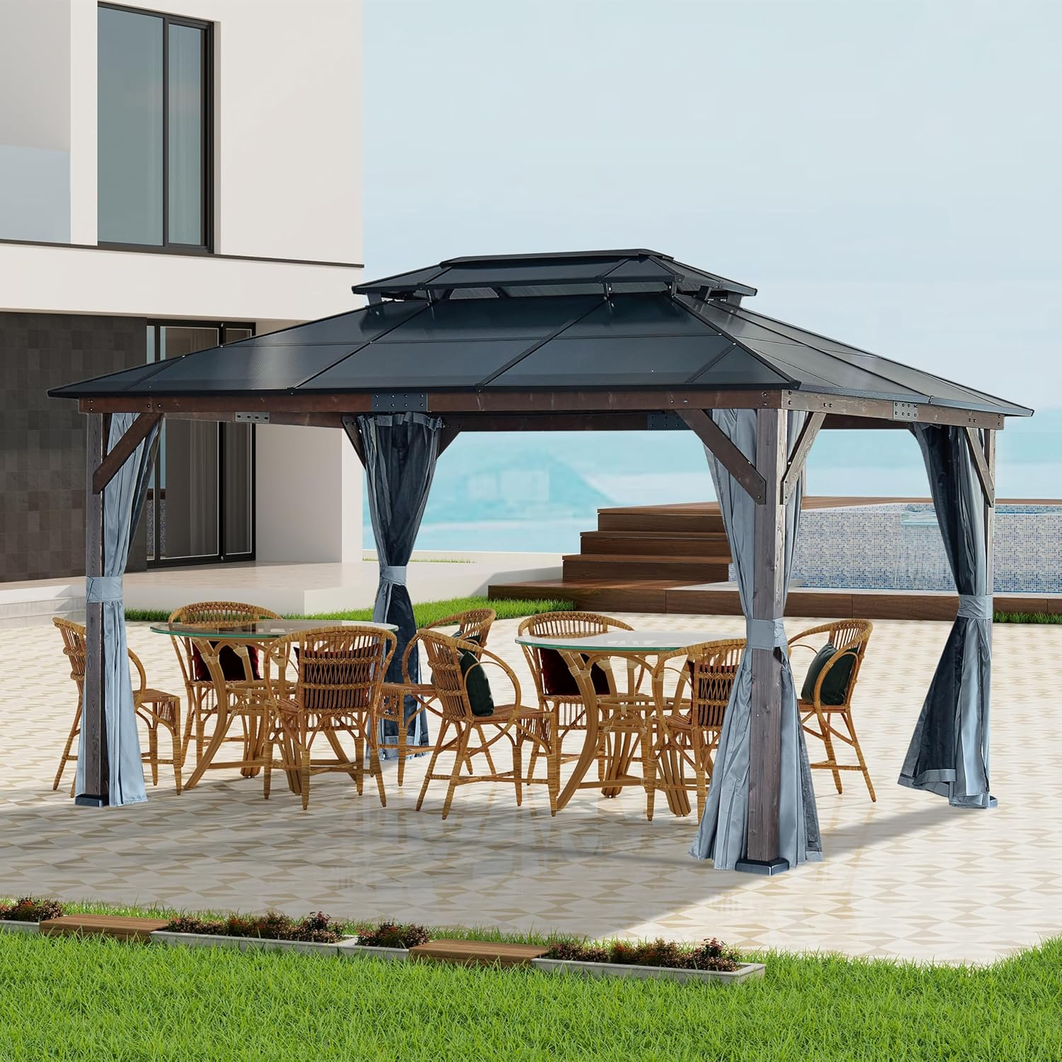 Large Brown and Black Solid Wood Gazebo with Polycarbonate Roof