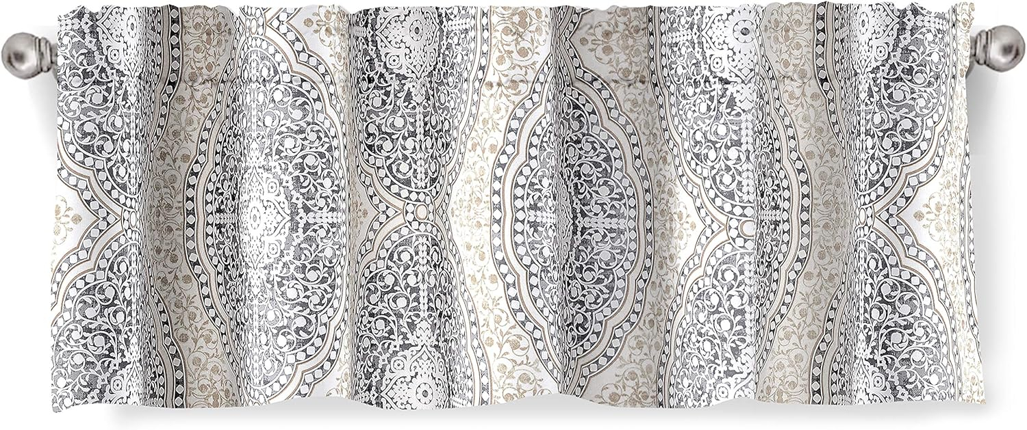 DriftAway Adrianne Damask and Floral Pattern Window Curtain Valance Single 52 Inch by 14 Inch Plus 1.75 Inch Header Beige and Gray