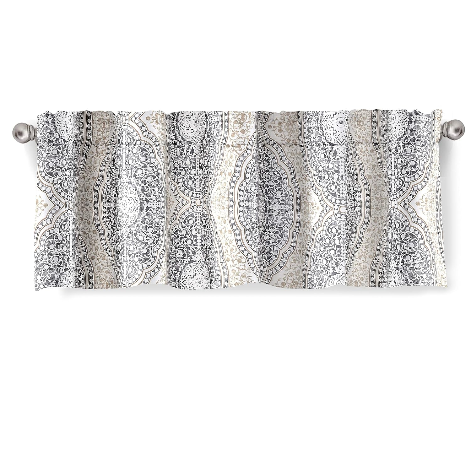 DriftAway Adrianne Damask and Floral Pattern Window Curtain Valance Single 52 Inch by 14 Inch Plus 1.75 Inch Header Beige and Gray