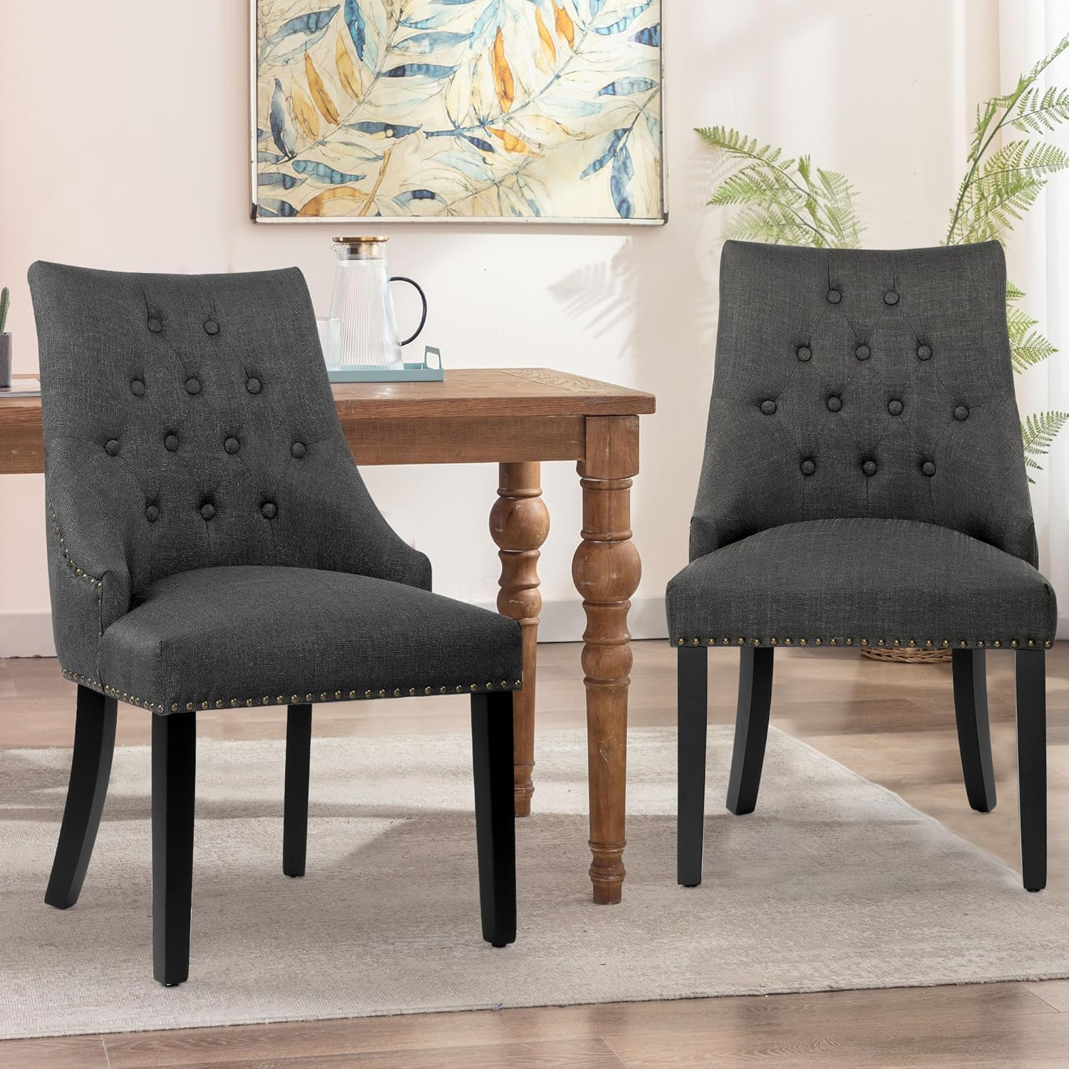 Xayoca Dining Chairs Set of 2,Upholstered Velvet Dining Room Chairs with Button-Tufted Decoration,Modern Kitchen Chairs with Nailhead Solid Wood Legs for Kitchen/Bedroom/Dining Room（Beige）