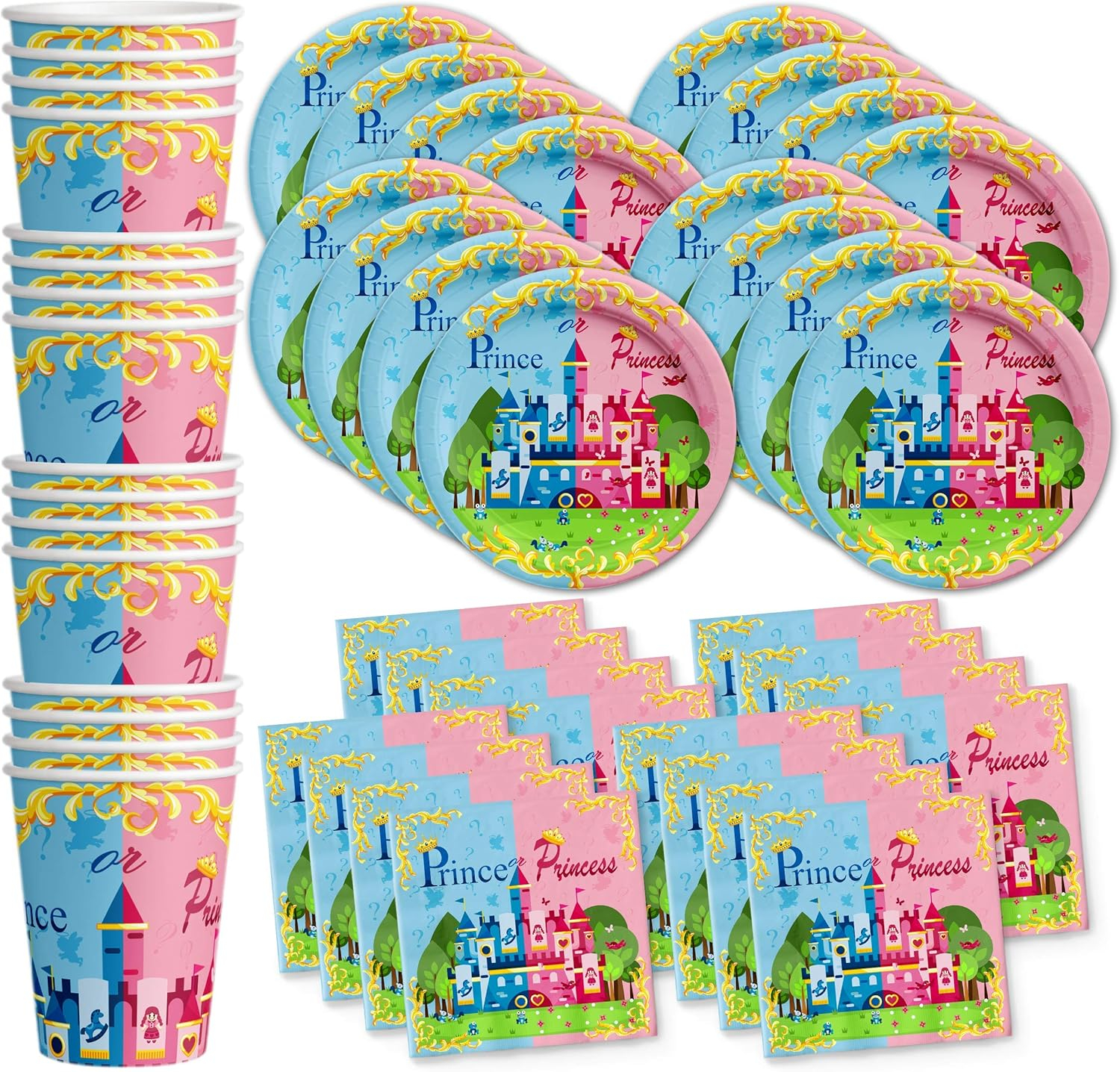 Little Prince or Princess Baby Gender Reveal Party Supplies Set Plates Napkins Cups Tableware Kit for 16