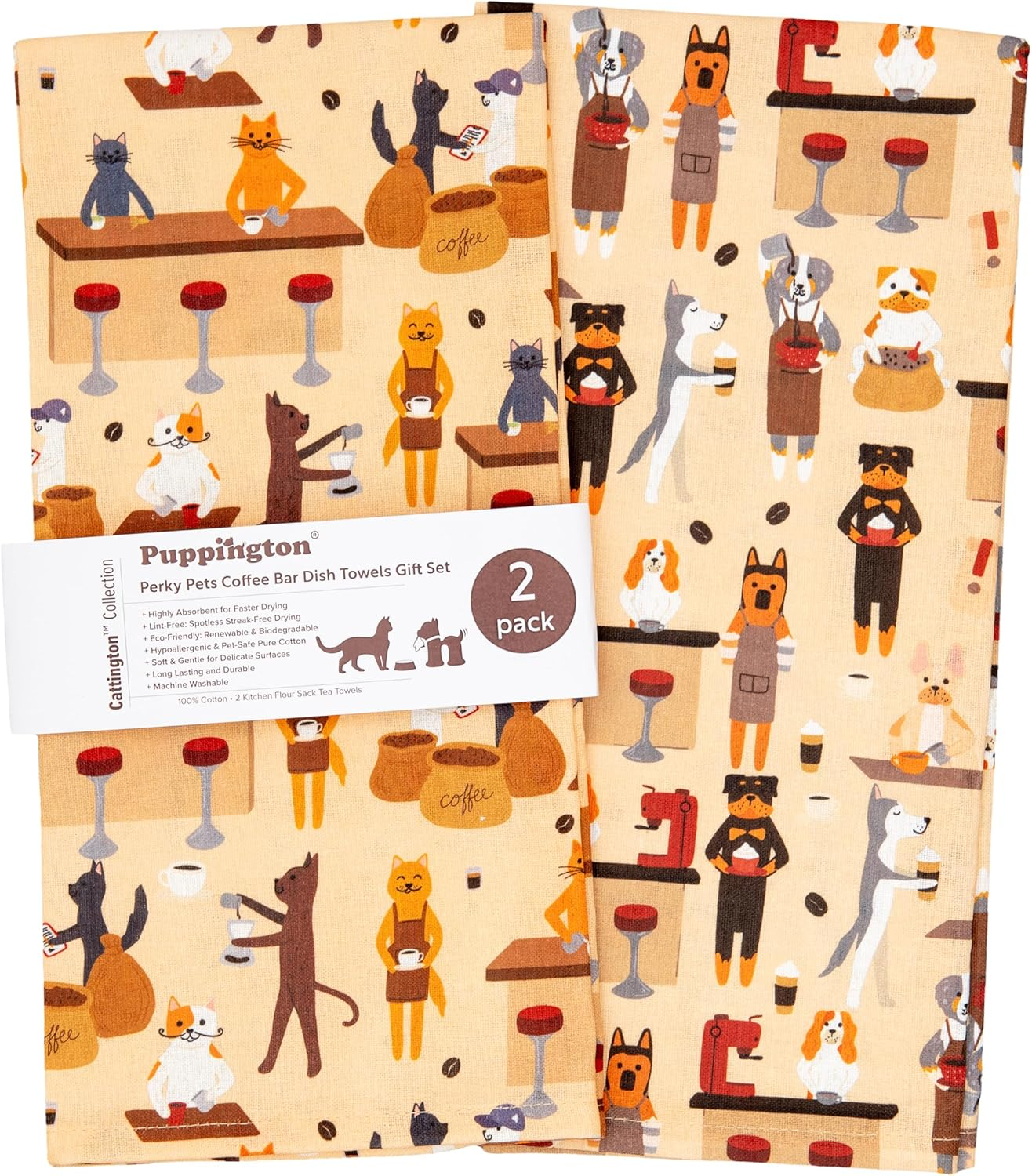 Puppington Dog and Cat Kitchen Towels - Dog and Cat Dish Towels for New Home Decorations - Gifts for Dog Moms and Cat Dads (Coffee Lovers)
