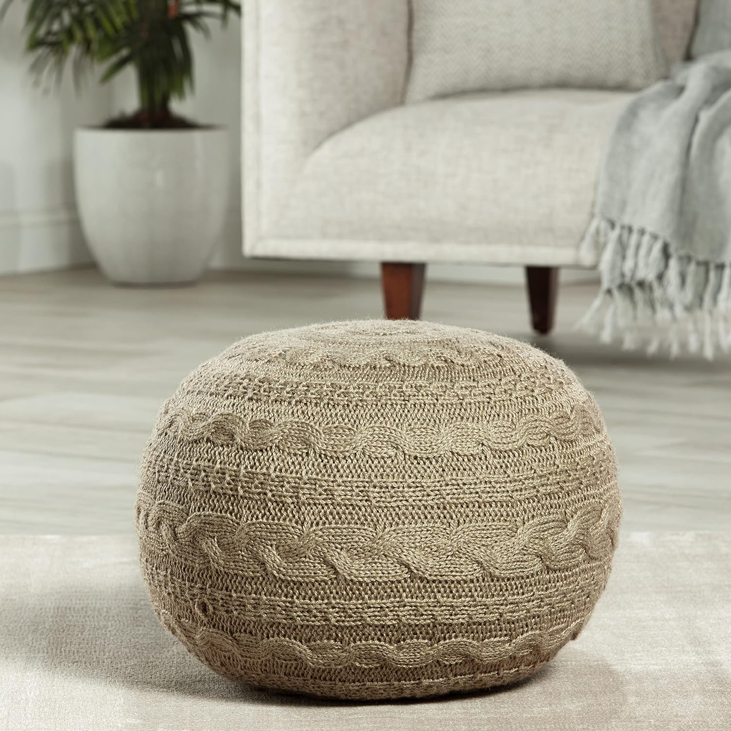 Jaipur Living Vibe Etta Solid Taupe/Olive Round Pouf