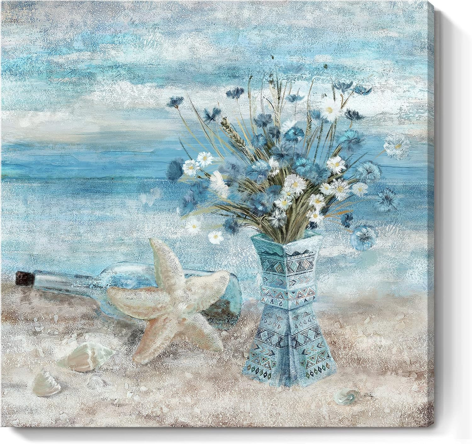 Beach Wall Art for Living Room Blue Ocean Theme Canvas Print Modern Abstract Coastal Picture Seascape Painting Daisy Flower in Indian Vase Framed Artwork for Seaside Bedroom Bathroom Office 24x24inch