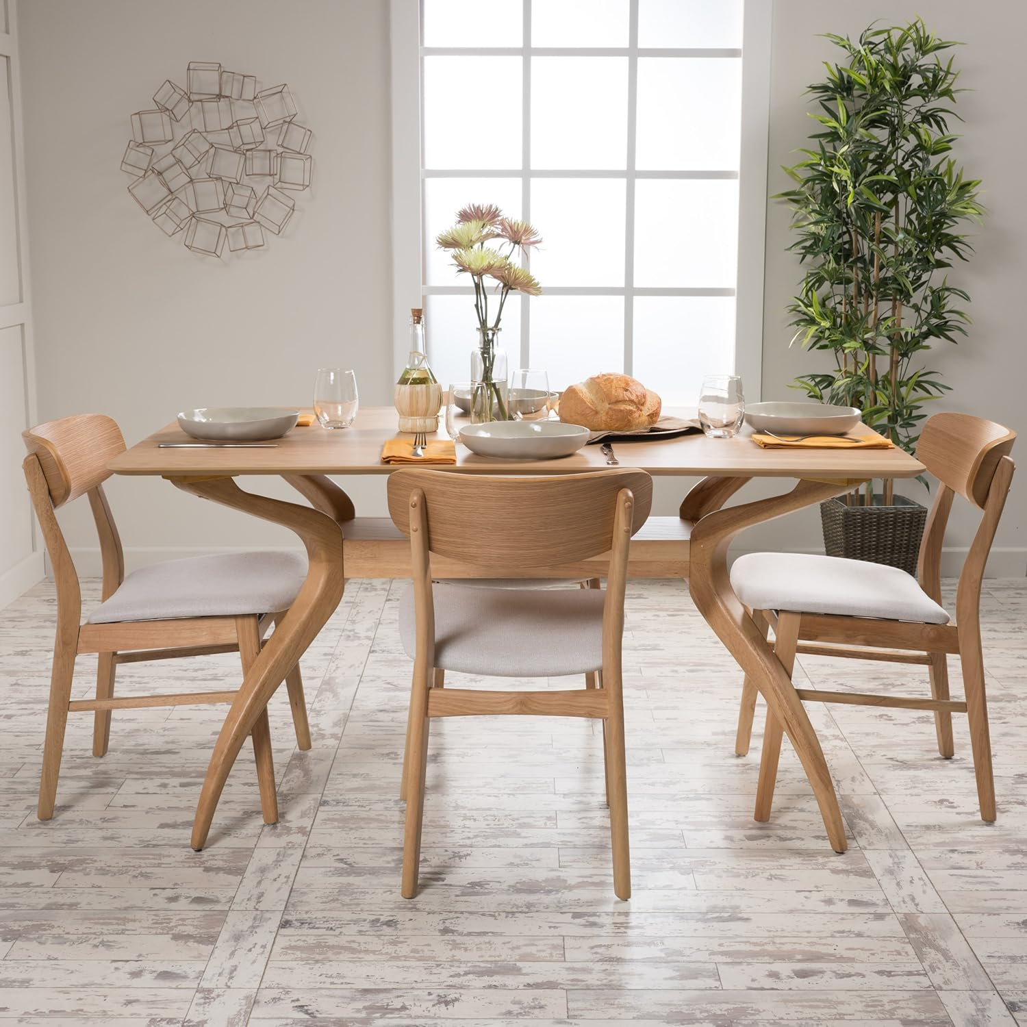 Leona Mid-Century Modern 5 Piece Dining Set, Light Beige and Natural Oak