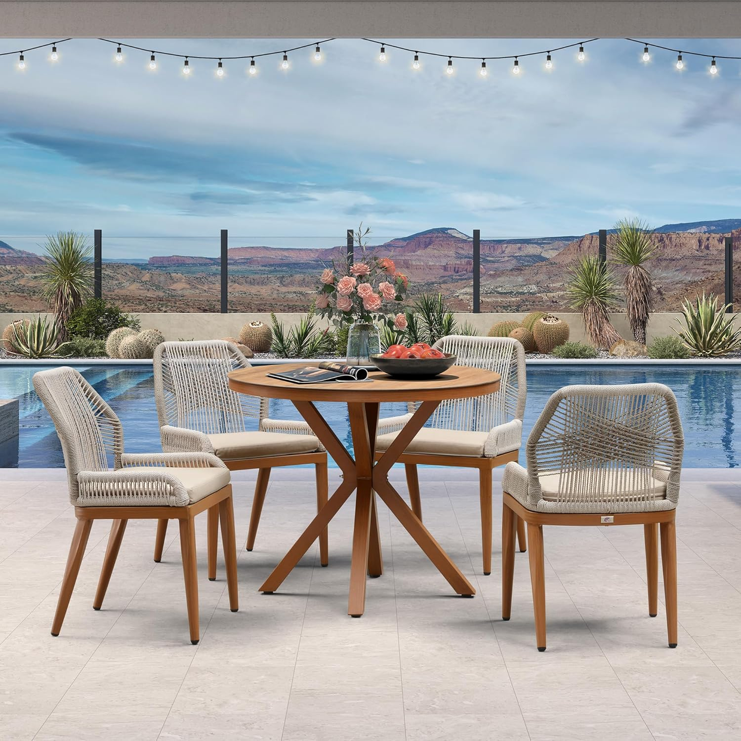 PURPLE LEAF 7 Pieces Patio Dining Set Aluminum Rectangular Table and Wicker Chairs with Cushions for Kitchen Porch Garden Modern Outdoor Furniture Sets, Beige and Dark Grey