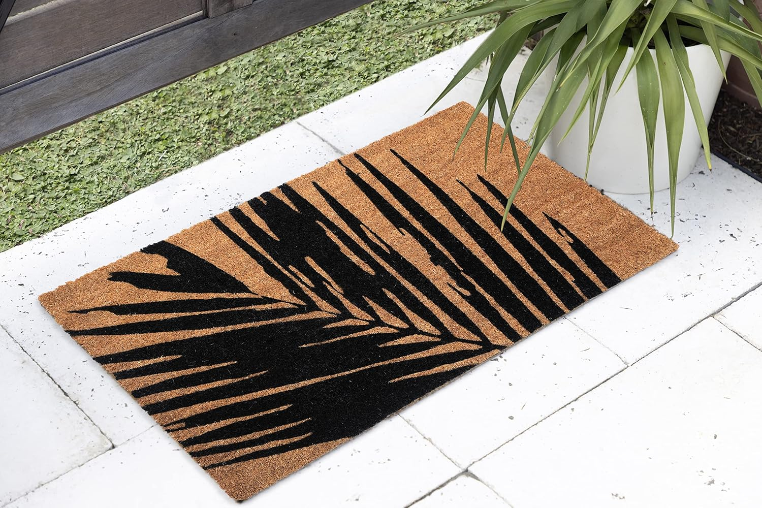 FH Home Non Slip Doormat - Durable, Thin - Natural Coir & Rubber - Entryway, Front Door, Porch, Patio - Summertime Palm Leaf Black/Natural (18" x 30" Non-Slip)