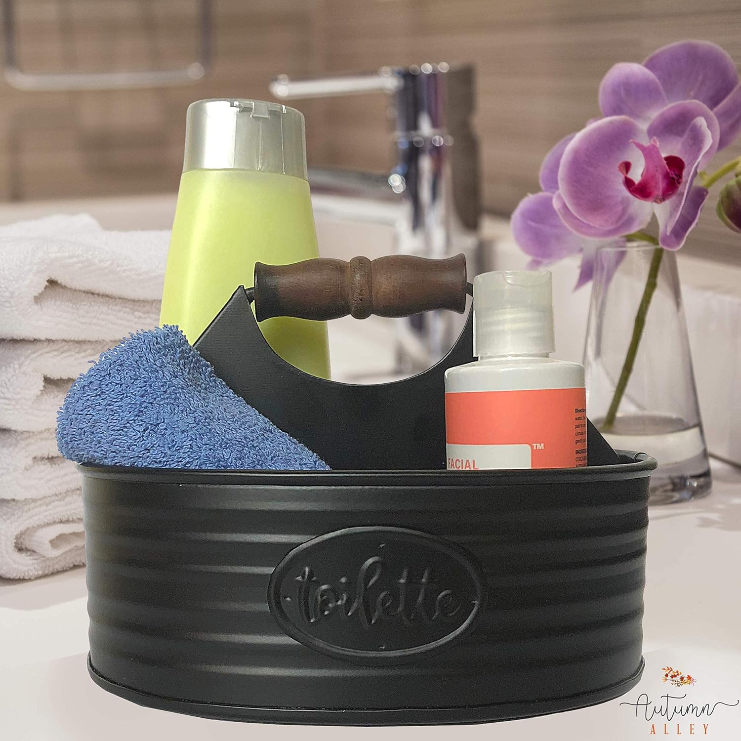 Autumn Alley Black Metal Farmhouse Bathroom Toiletries Caddy Organizer with' Toilette' Label