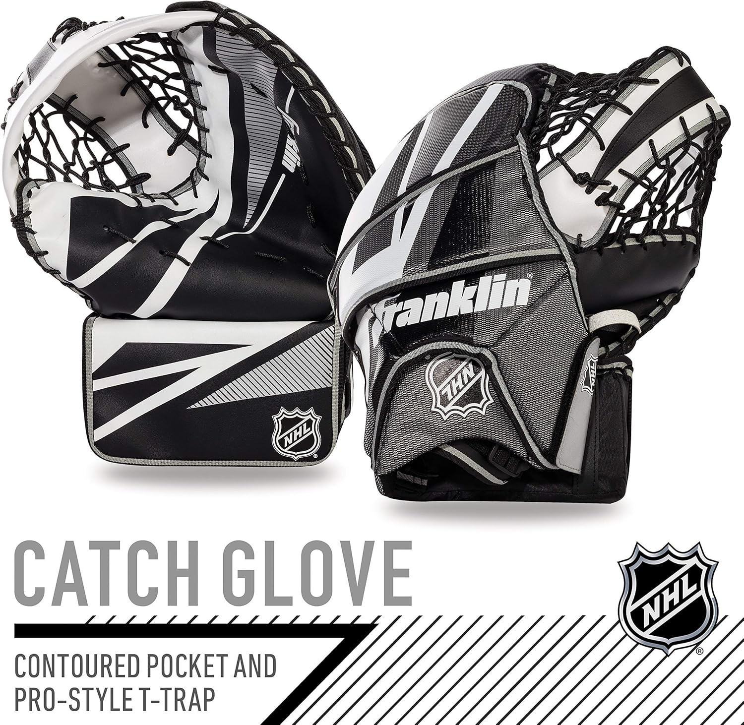 Franklin Sports Street Hockey Goalie Equipment Set - NHL Youth Street Hockey Goalie Pads - Leg Pads, Catch Glove, and Blocker - Youth Goalie Gear Black, 12"