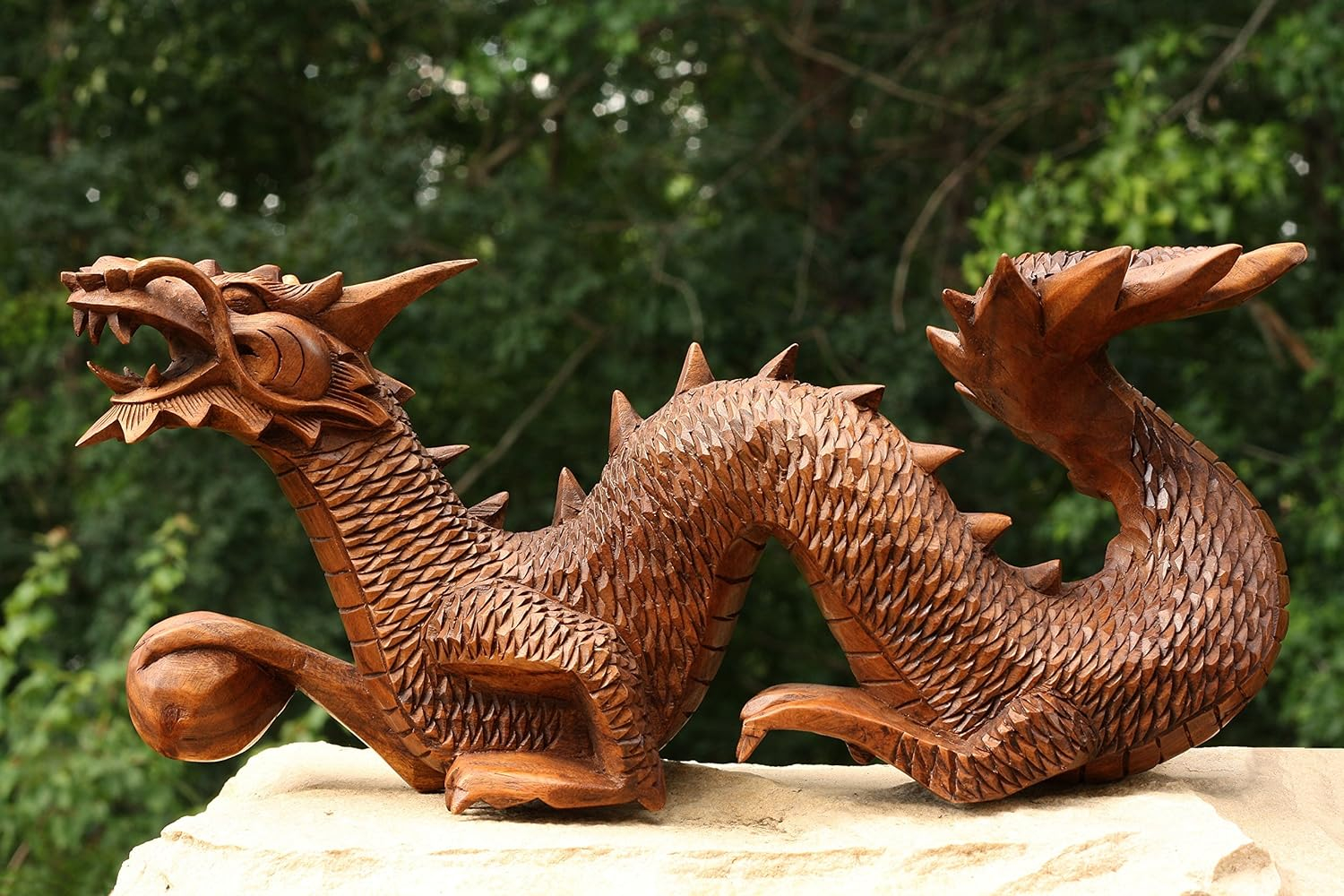 Handcrafted Suar Wood Dragon Statue, 12" Long