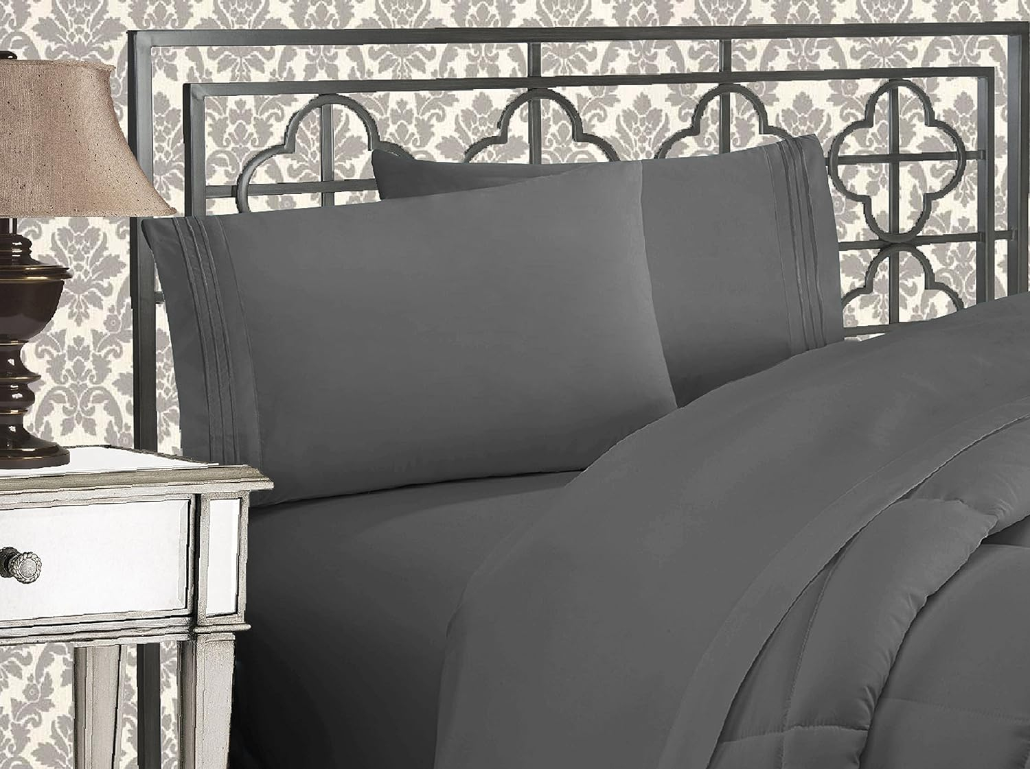 Gray Twin Egyptian Cotton Embroidered 4-Piece Bed Sheet Set