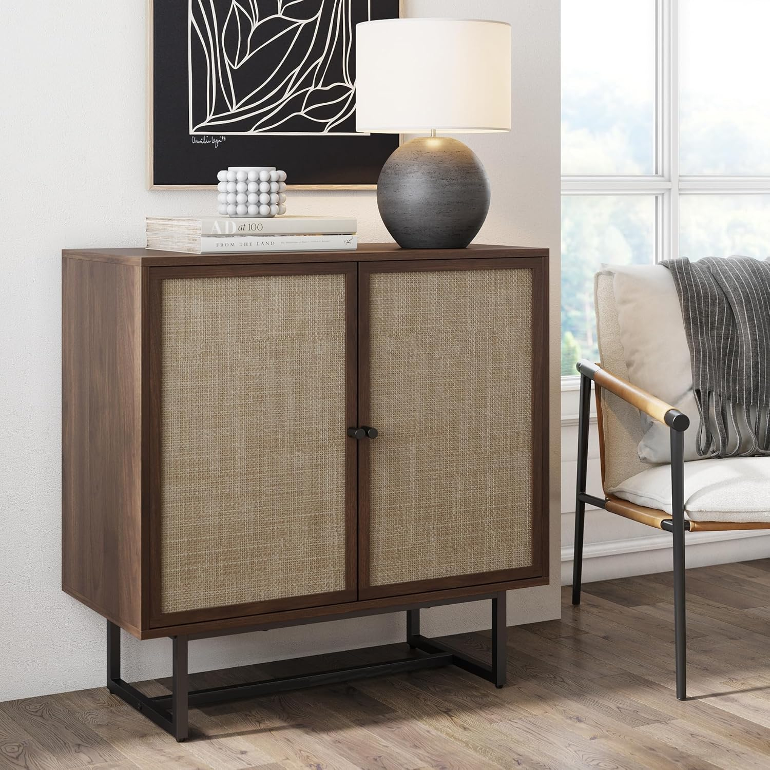 Nathan James Kova Bohemian Rattan Accent Sideboard Storage Cabinet, with Doors and Matte Black Legs, Dark Brown/Black