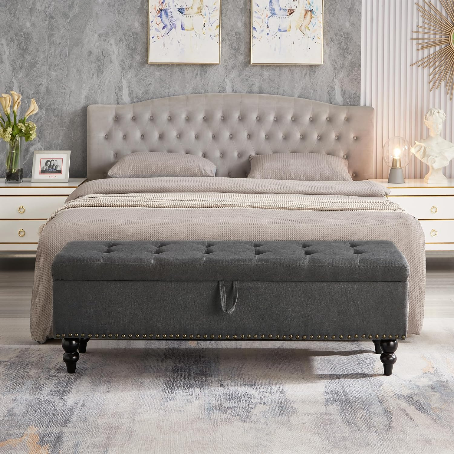 59" Tufted Button Storage Bench, Modern Linen Upholstered Ottoman with Wooden Legs, Bed End Bench Window Bench for Bedroom Living Room, Grey