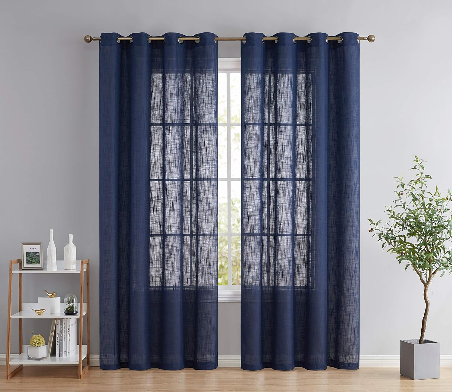 THD Serena Faux Linen Textured Semi Sheer Transparent Window Grommet Long Thick Curtain Panels, Pair