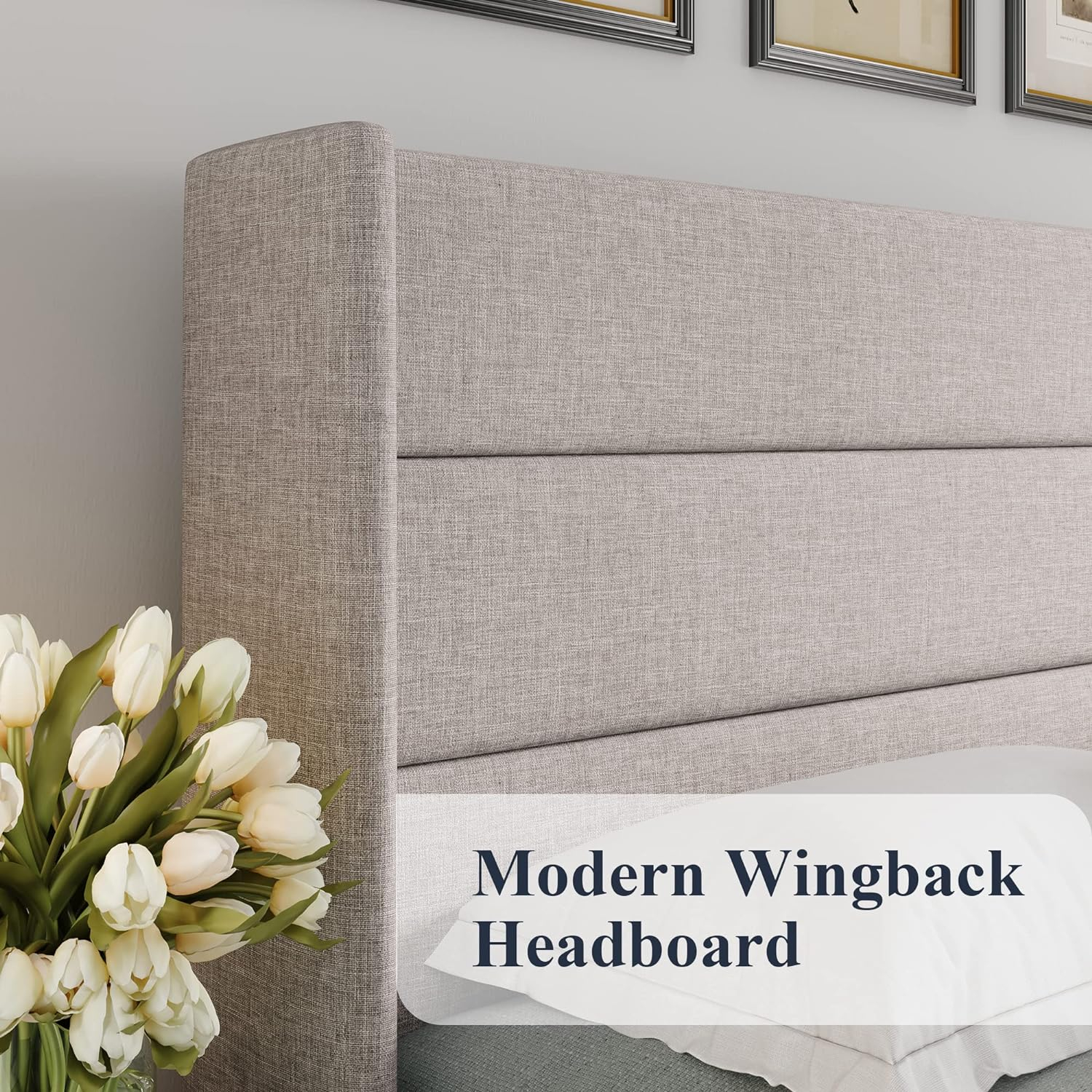 Full Size Light Beige Upholstered Storage Bed with Wingback Headboard