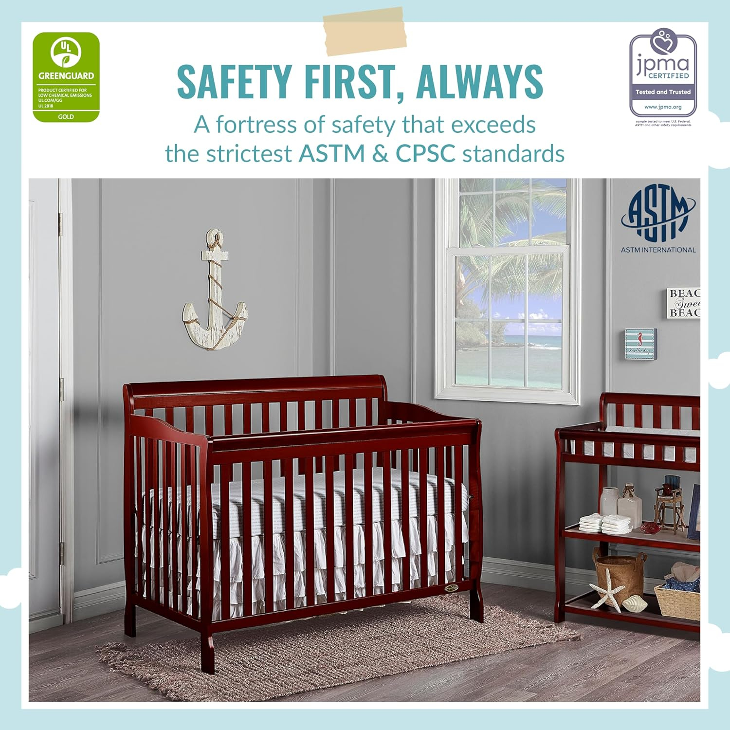Dream On Me Ashton 5-in-1 Convertible Crib, Cherry, Greenguard Gold and JPMA Certified