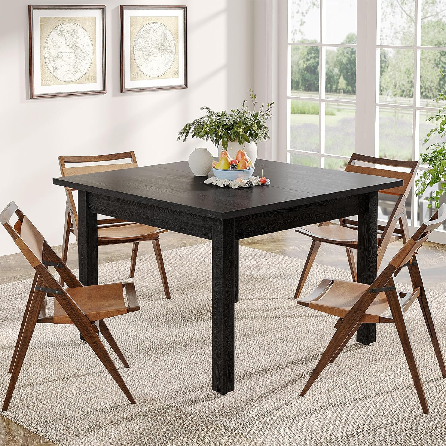 Pure Black Square Dining Table with Solid Wood Legs