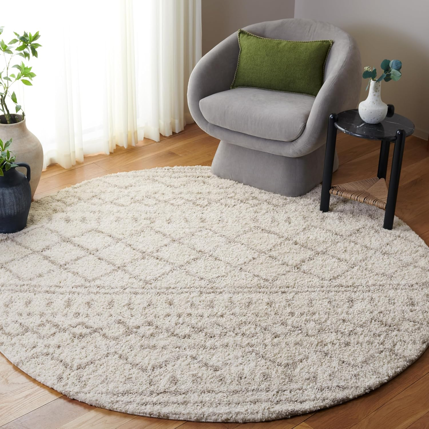 SAFAVIEH Arizona Teagan Geometric Shag Area Rug, Ivory/Beige, 8' x 8' Round