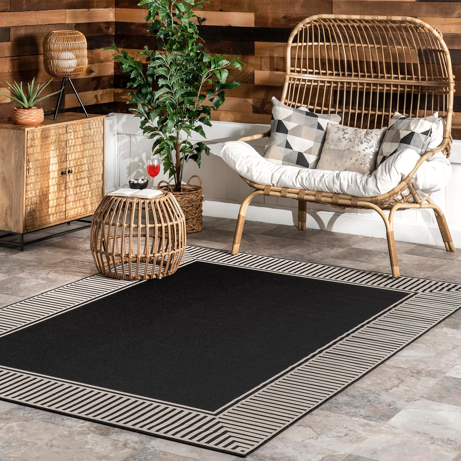 Black and Beige Striped Synthetic 4' x 6' Outdoor Area Rug