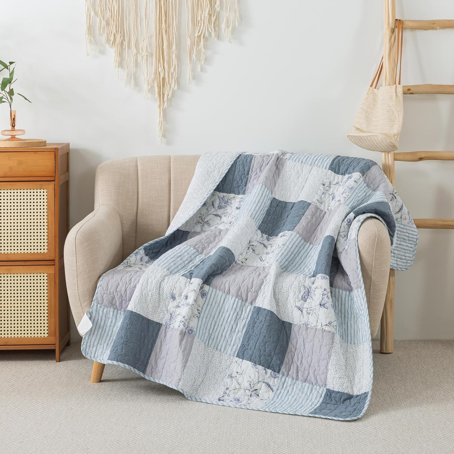 Coastal Dream 50" x 60" Cotton Quilted Throw Blanket, Soft Purple and Blue Farmhouse Patchwork Throw Quilt for Couch, Lightweight Pieced Lap Quilt with Country Style