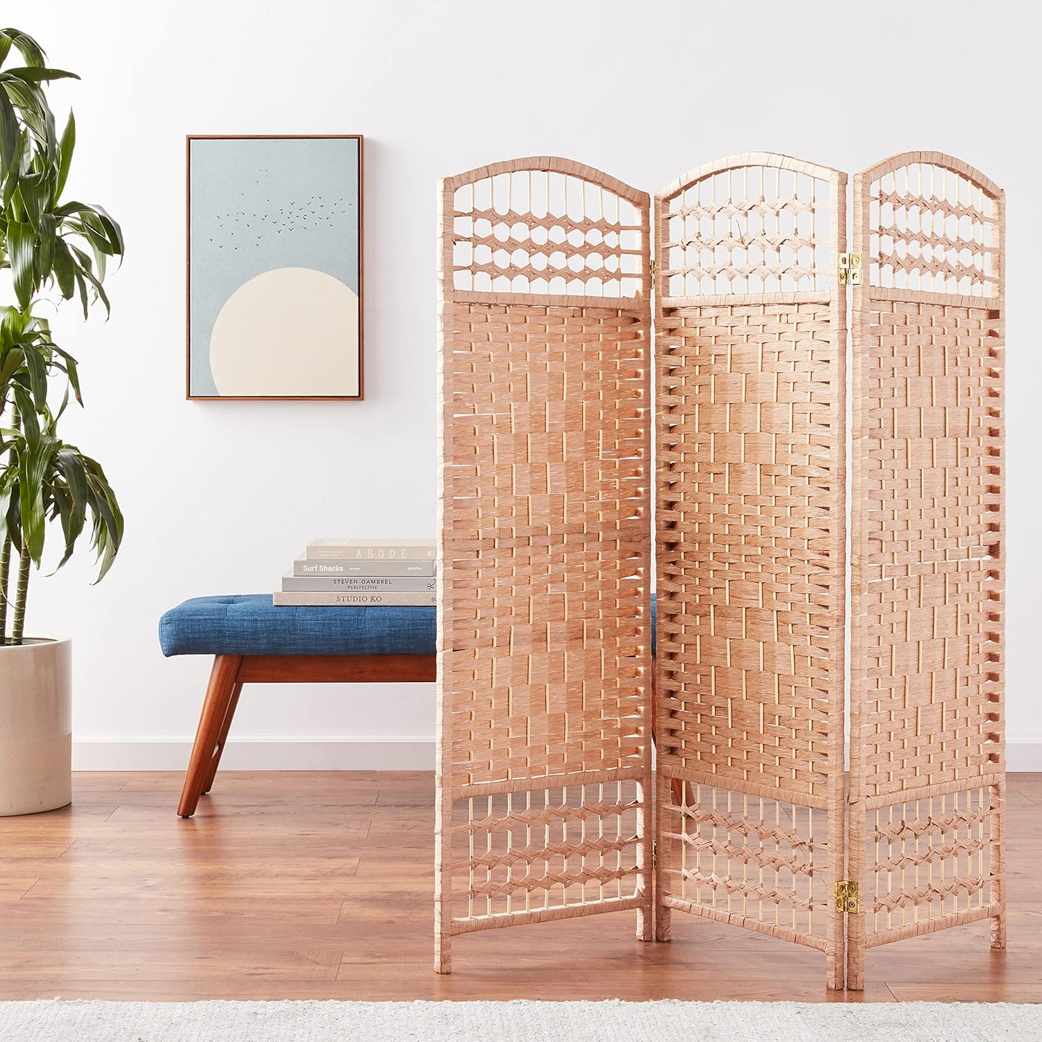 4 ft. Tall Fiber Weave Room Divider - Natural (3 Panels) - Oriental Furniture: Hardwood Frame, Spot Clean, No Assembly Required