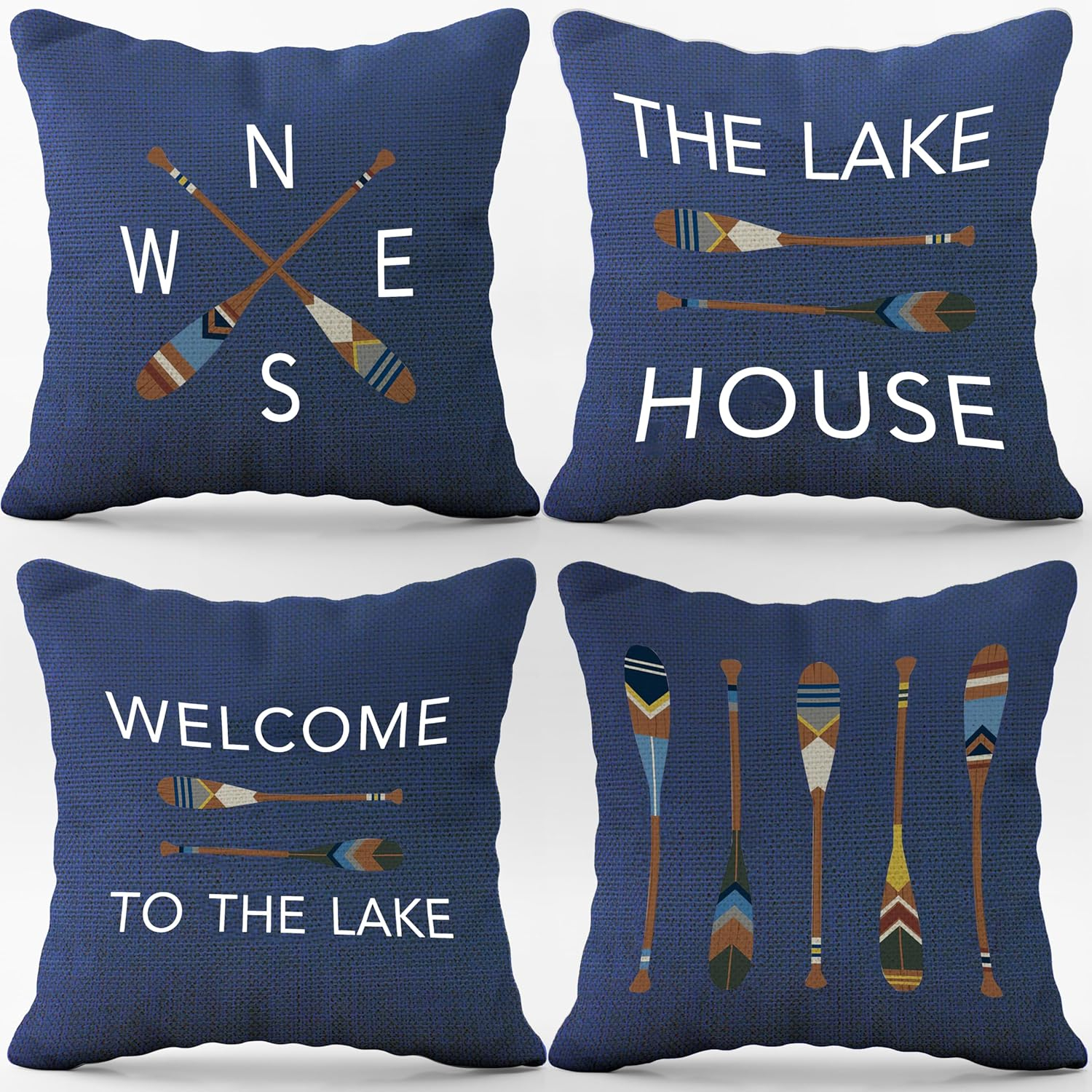 The Lake House Lake Throw Pillow Case, 18 x 18 Inch Set of 4, Lake Paddle Decor, Lake House Rules Decor, Lake House Decor, Lake House Room Decor Pillows Cover for Sofa Couch Bed (Blue)