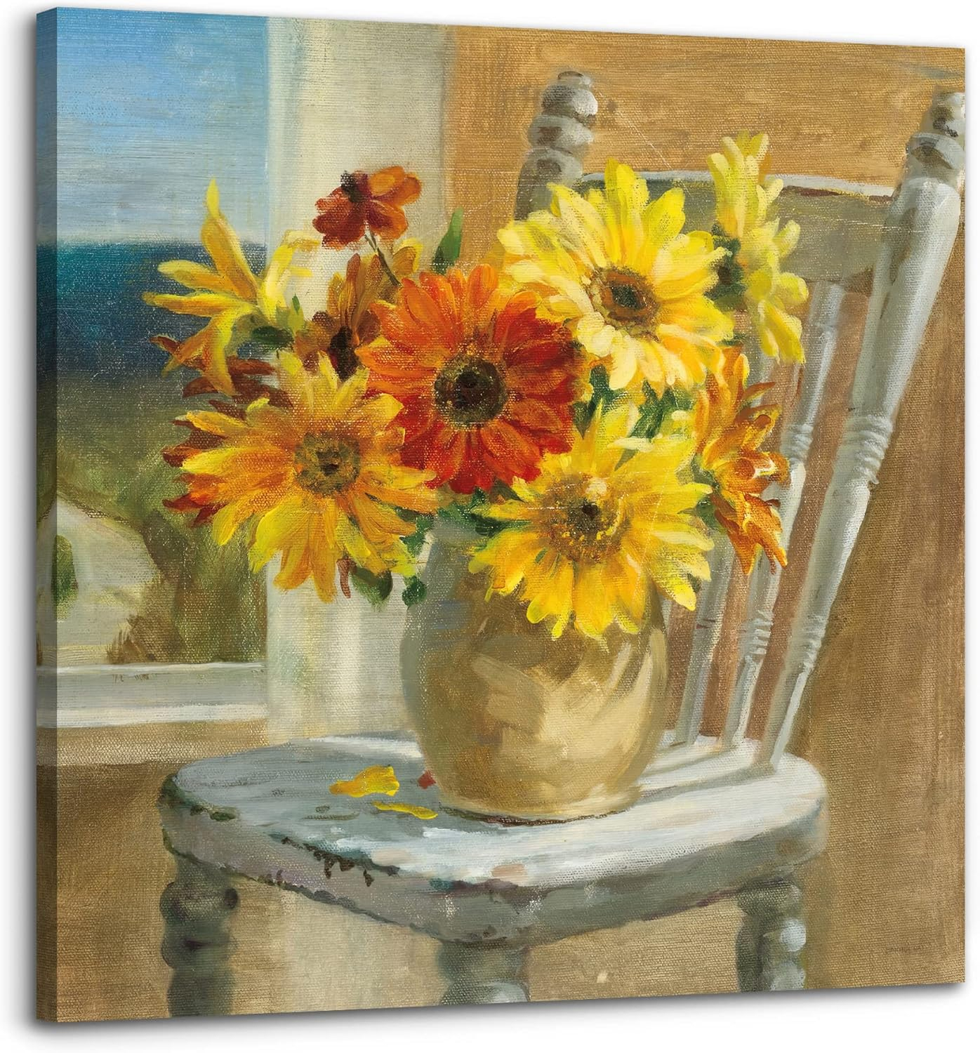 Bathroom Decor Canvas Country Farmhouse Wall Decor Sunflower Theme Painting Vintage Picture Artwork Wood Framed Wall Art Easy to Hang Size 14 x14 in