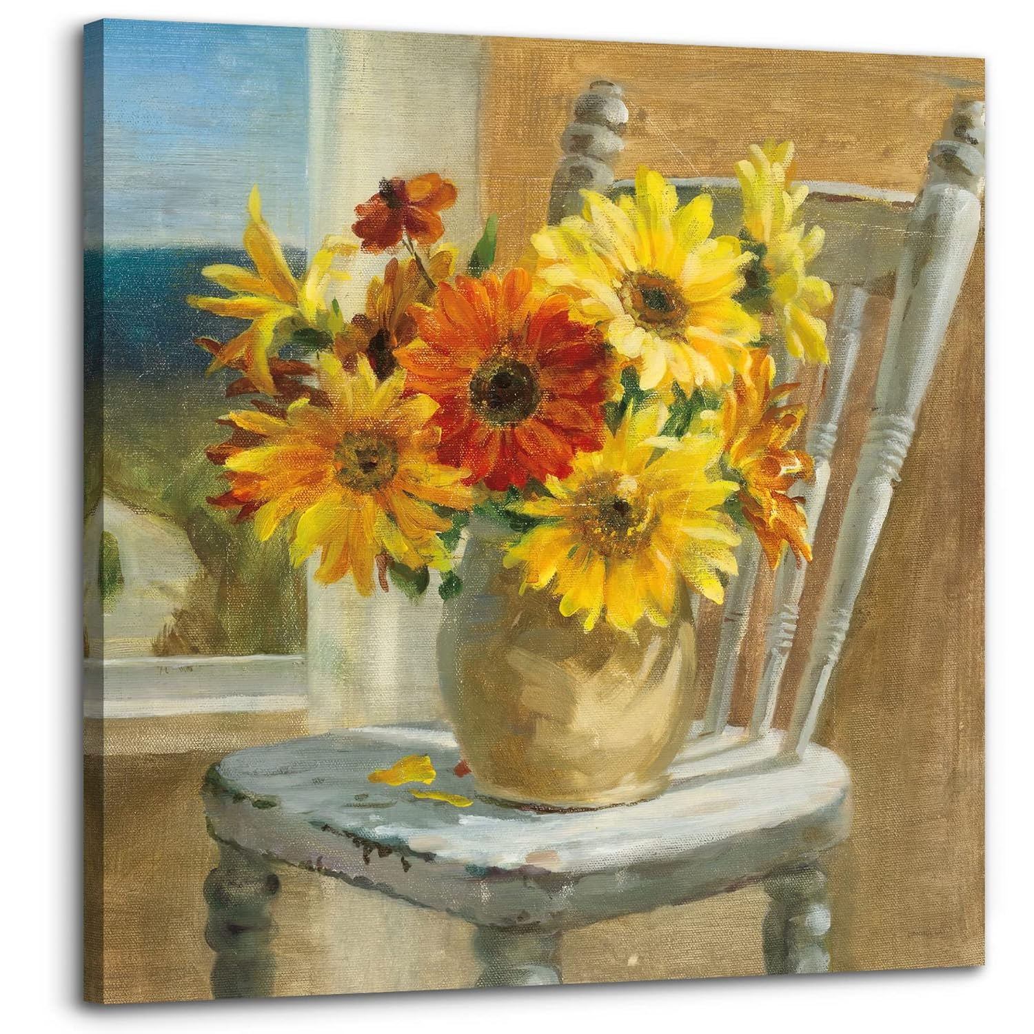 Bathroom Decor Canvas Country Farmhouse Wall Decor Sunflower Theme Painting Vintage Picture Artwork Wood Framed Wall Art Easy to Hang Size 14 x14 in