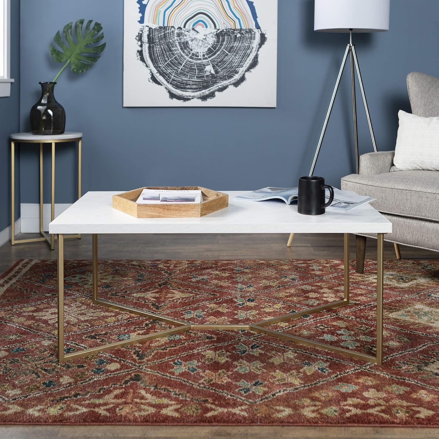 Walker Edison Y-Leg White Faux Marble and Gold Coffee Table