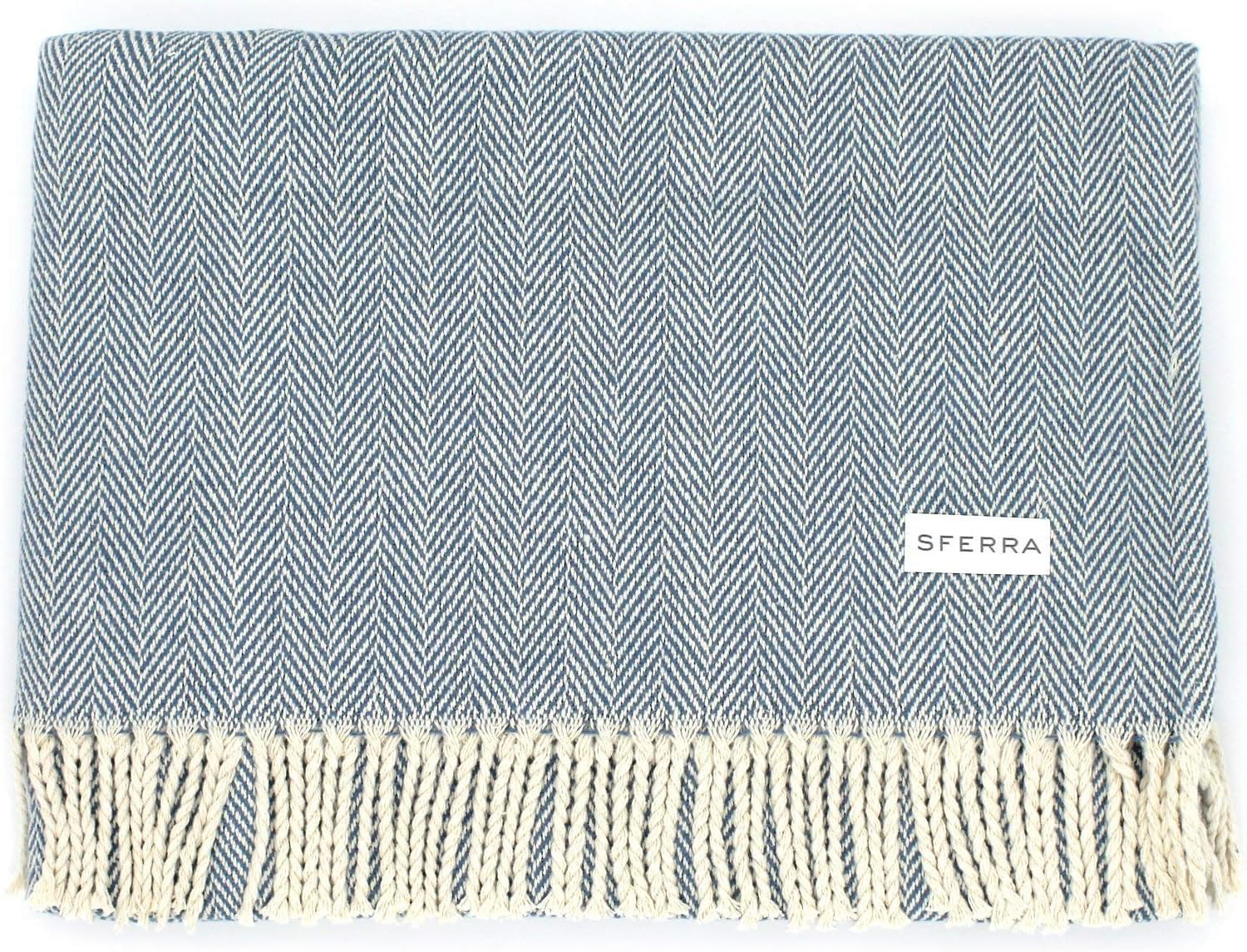 Rustic Cadet Cotton Herringbone Throw with Fringe