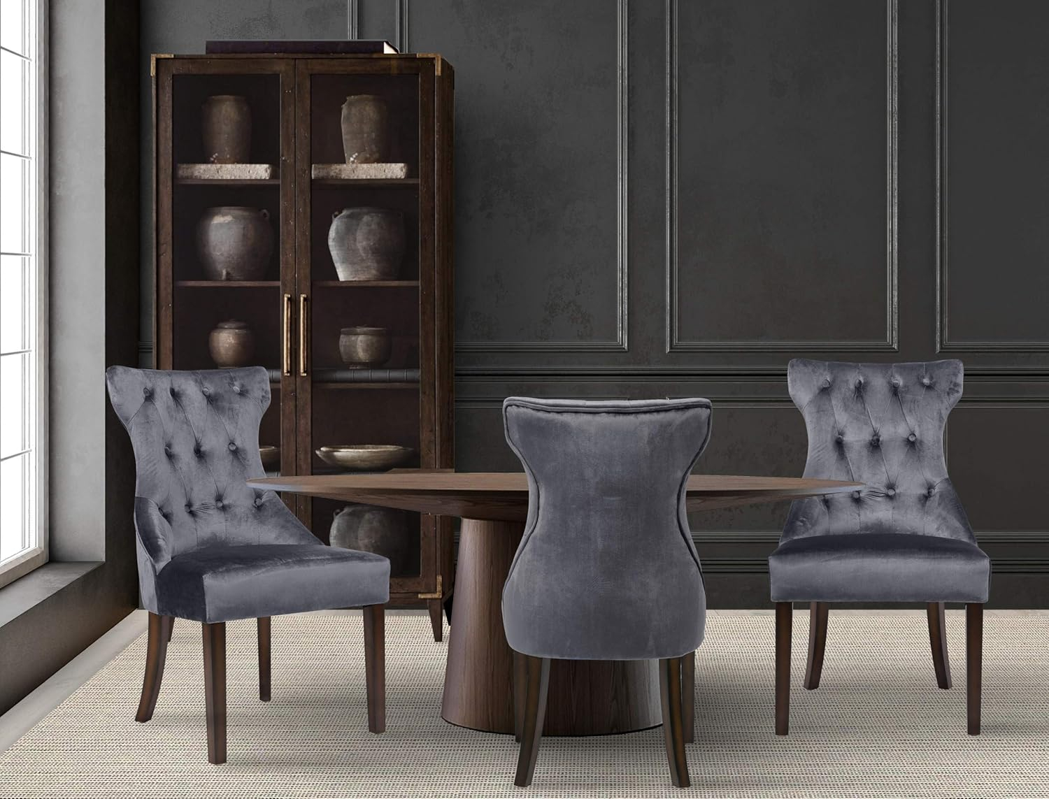 Dickens Dining Side Chair Button Tufted Velvet Espresso Wood Legs Modern Contemporary, Grey, Set of 2