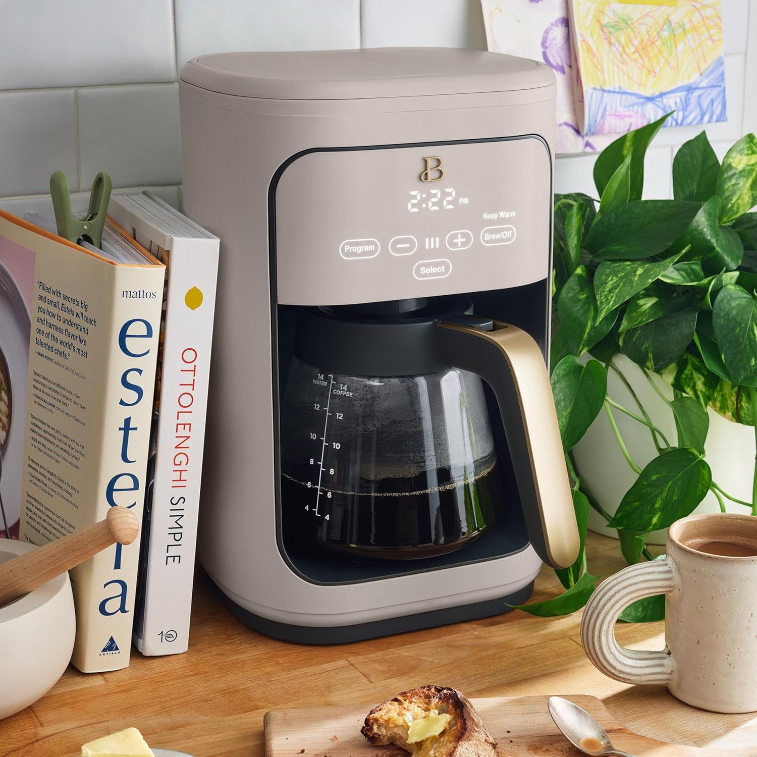 Beautiful 14-Cup Programmable Drip Coffee Maker with Touch-Activated Display, Porcini Taupe by Drew Barrymore