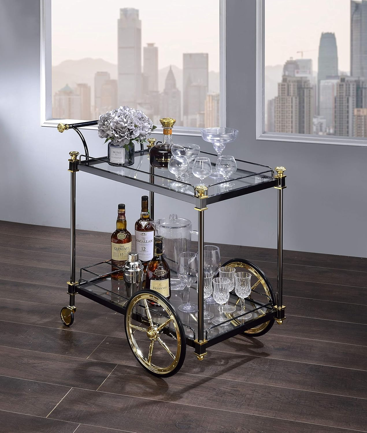 ACME Cyrus Rectangular Glass Top Serving Cart with 2 Shelves in Black and Clear