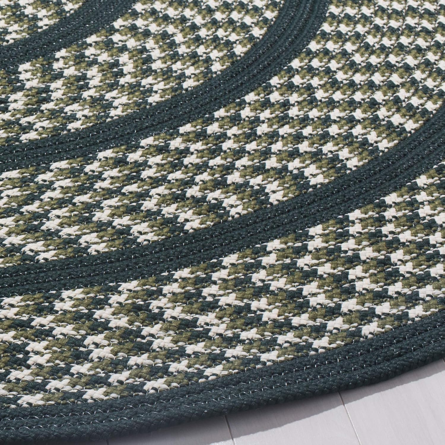Ivory and Dark Green Braided 59'' Round Synthetic Area Rug