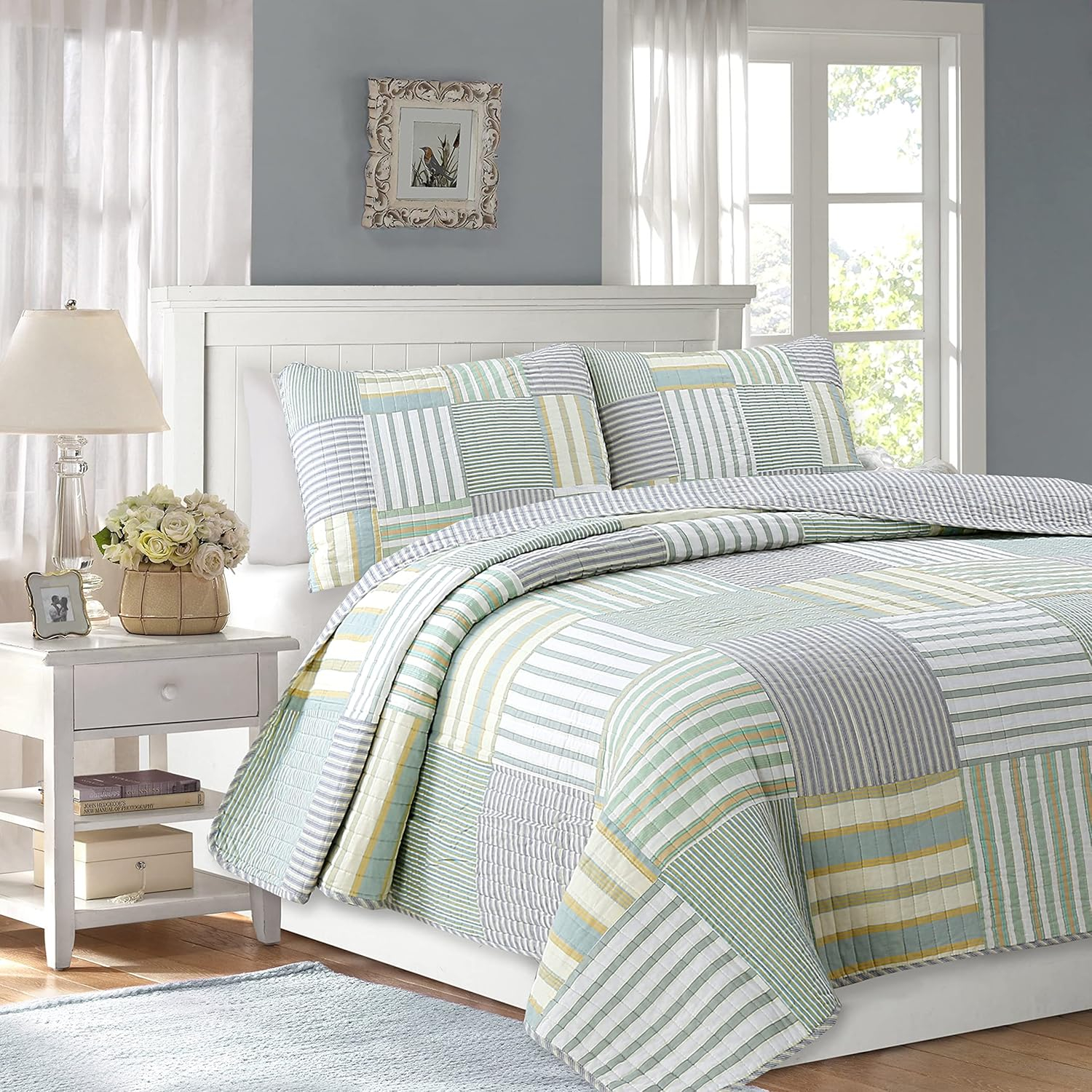 Cozy Line Home Fashions Green Yellow Blue Plaid Striped Real Patchwork 100% Cotton, Reversible Coverlet, Bedspread, Quilt Bedding Set (Green Patchwork, King - 3 Piece)