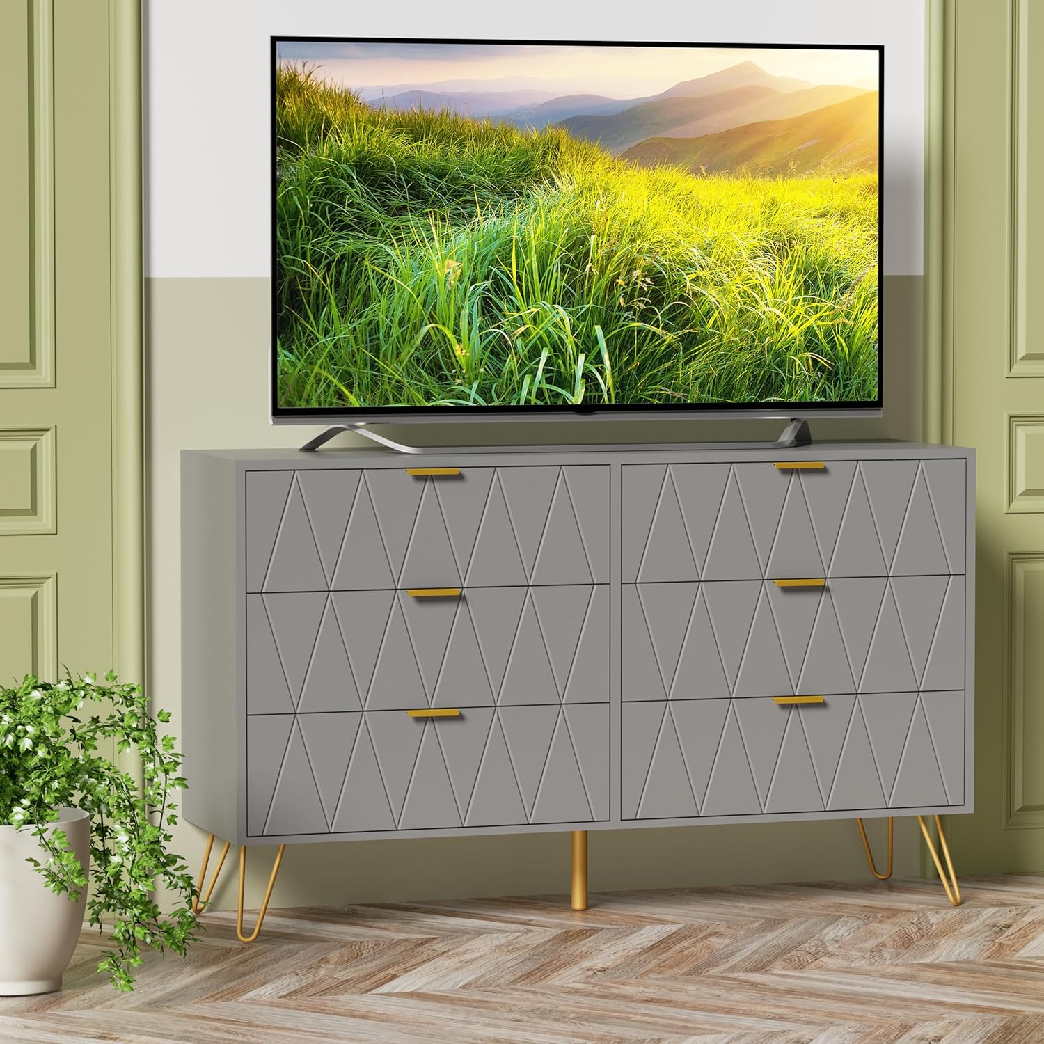 eclife 6 Drawer Dresser Drawer Chest Tall Storage Cabinet Organizer Unit Bedroom Living Room Large-Gray