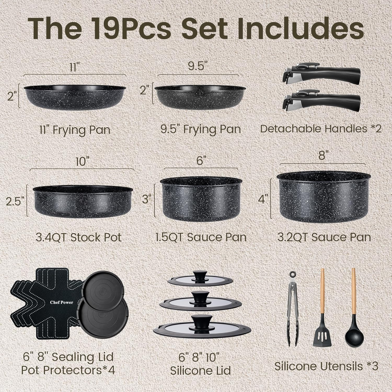 Rock Stone Black 19-Piece Nonstick Stainless Steel Cookware Set