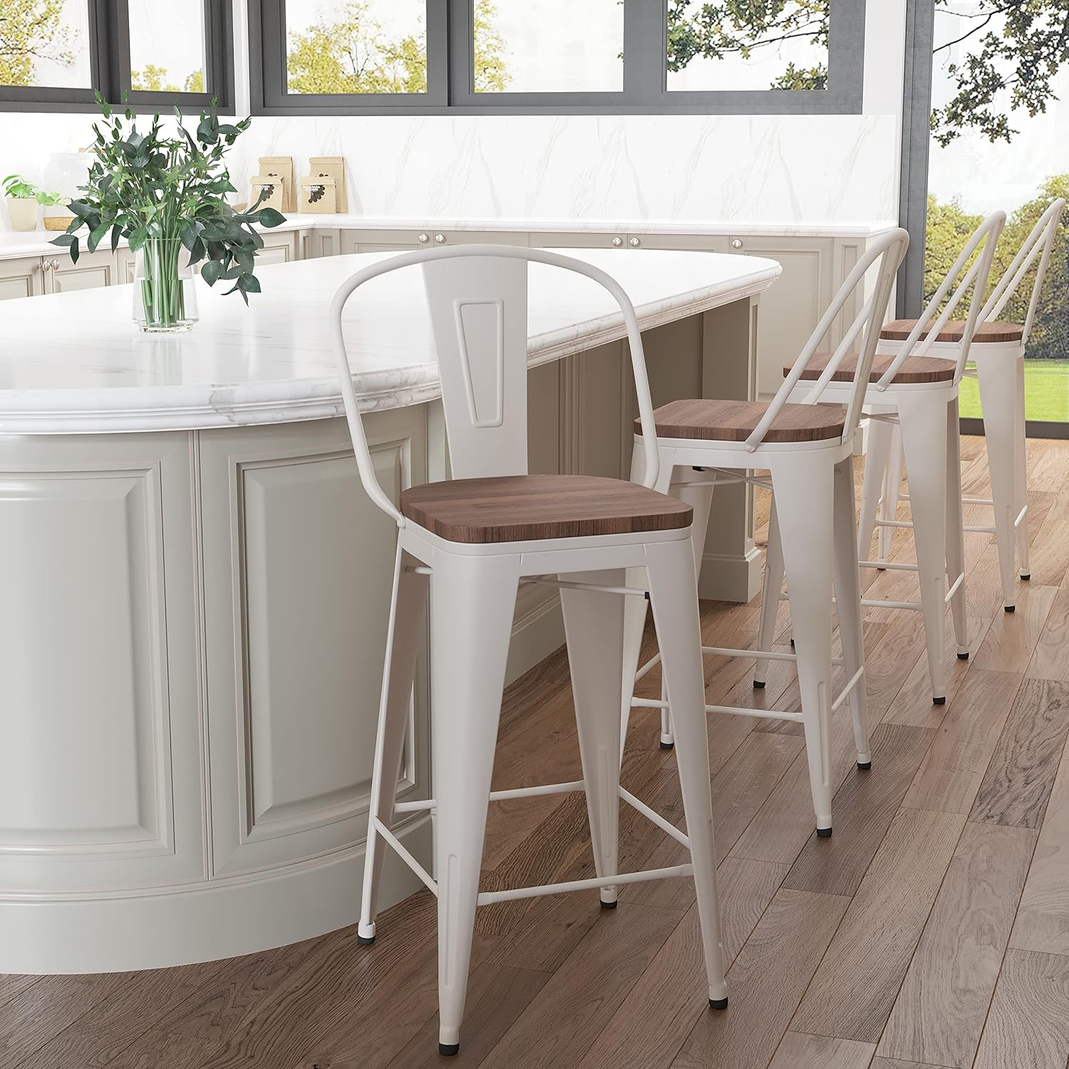 Aklaus Metal Bar Stools Set of 4,24 inch Barstools Counter Height Bar Stool with Back Farmhouse Bar Stools with Larger seat High Back Kitchen Dining Chairs Modern Bar Chairs White Cream Stool