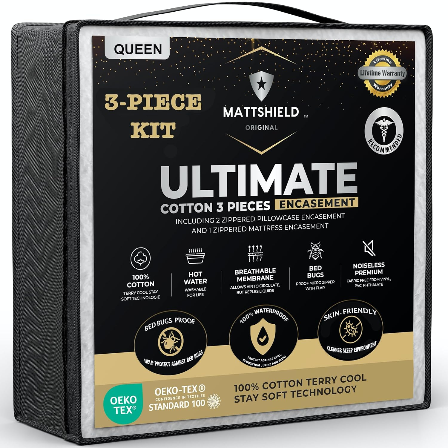 MATTSHIELD Ultimate 3-Piece Kit - Bed Bug-Proof Mattress Cover Queen Size 100% Cotton Top + 2 Pillow Protectors with Zipper - 6 Sided Waterproof Encasement, Total Defense Kit