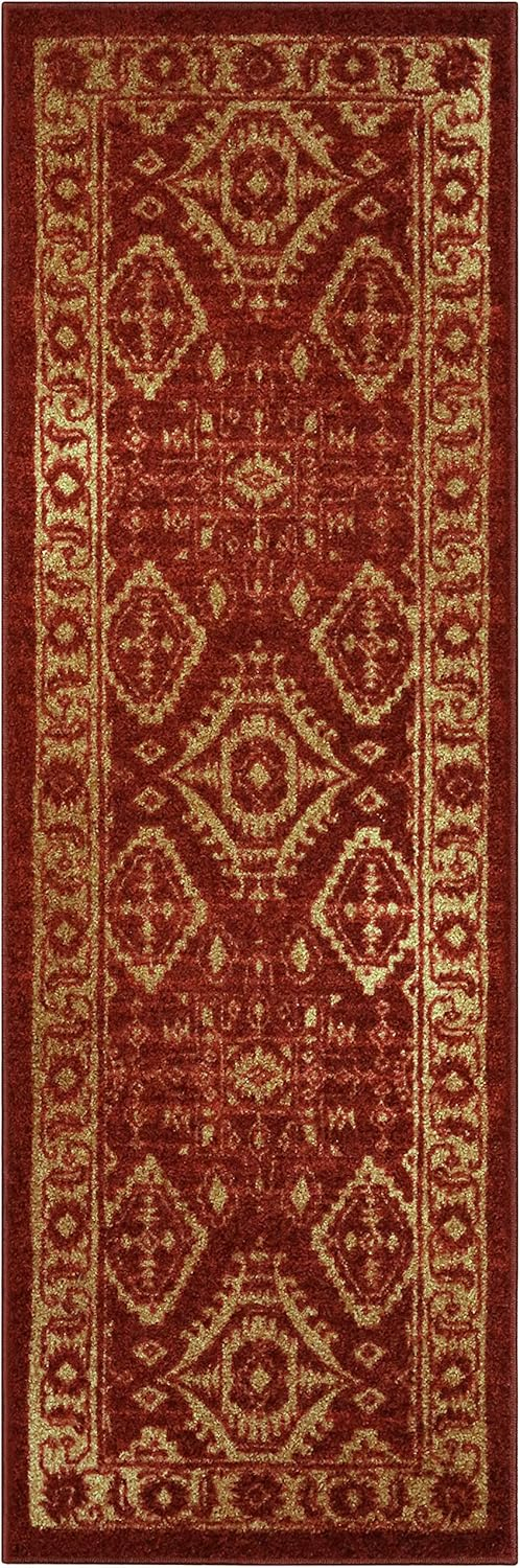 Maples Rugs - Made in USA - Georgina Traditional Washable Indoor Runner Rugs, 2' x 6', Red/Gold